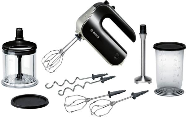 BOSCH Handmixer "HomeProfessional MFQ4885DE, 2x Edelst. Besen, 1x Knethaken, schwarz" 575 W 5 Stufen, Turbostufe, Zerkleinerer, Mixfuß, Mixbecher, Made in Europe