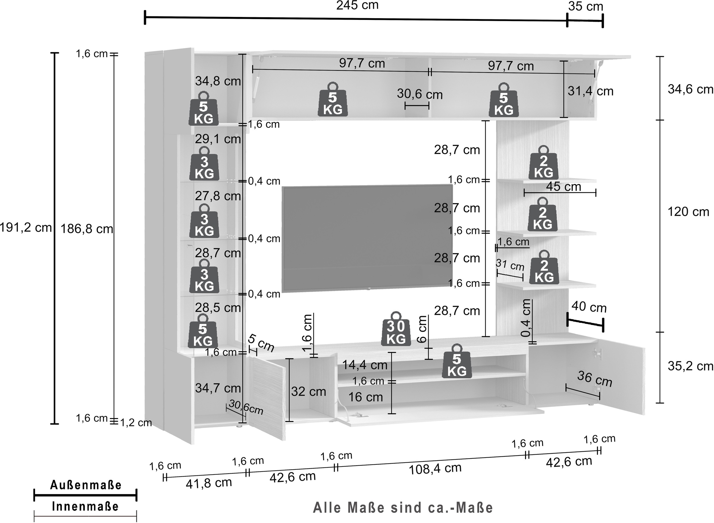 INOSIGN Wohnwand »Wohnwand New Egypt, Anbauwand, Medienwand, Wohnzimmerwand« Weiß in Hochglanz, alle anderen Farben in matter Ausführung., 4 Stk. tlg.