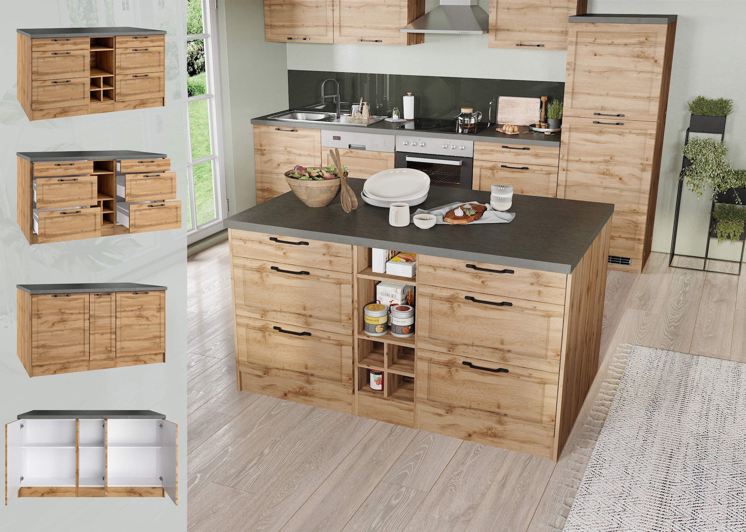 KOCHSTATION Kücheninsel »KS-Lani, Breite 153 cm, mit Flaschenregal«, MDF-Fronten, Arbeitsplatte 38mm stark