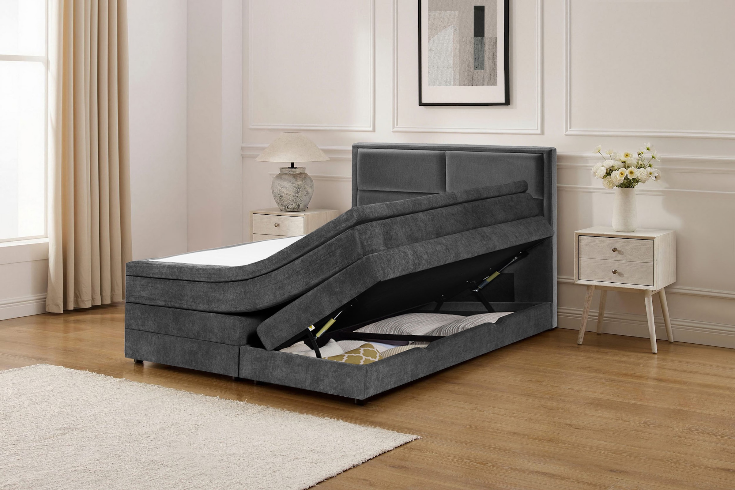 OTTO home Boxspringbett »FYNNA in den Breiten 140 & 180cm erhältlich, inkl. Bettkasten« inkl. Topper, erhältlich in verschiedenen Farben