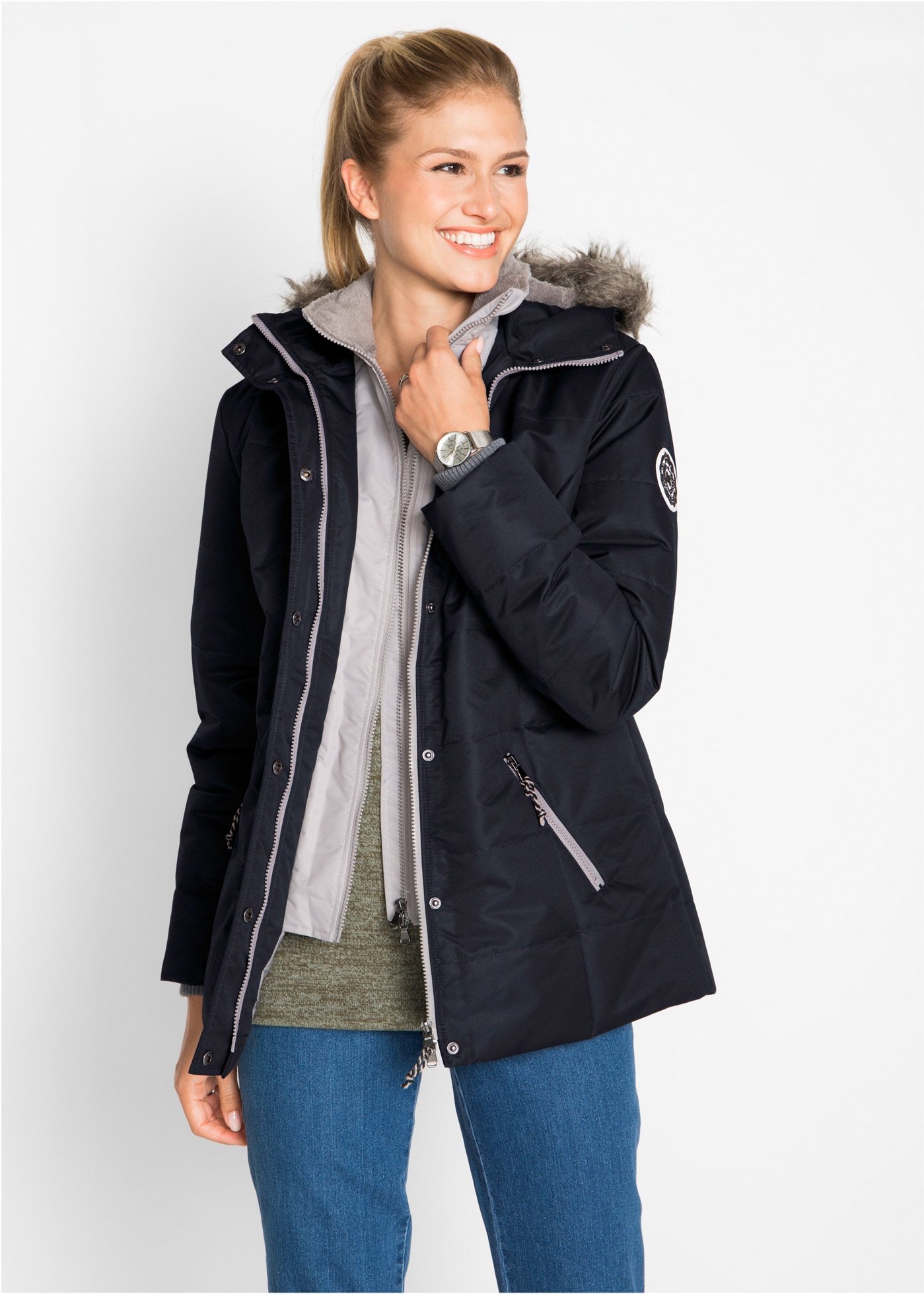 bonprix Winterjacke »Winterjacke in 2-in1 Optik« mit Kapuze in 2-in 1 Optik, mit integrietem Fleeceeinsatz und Kapuze