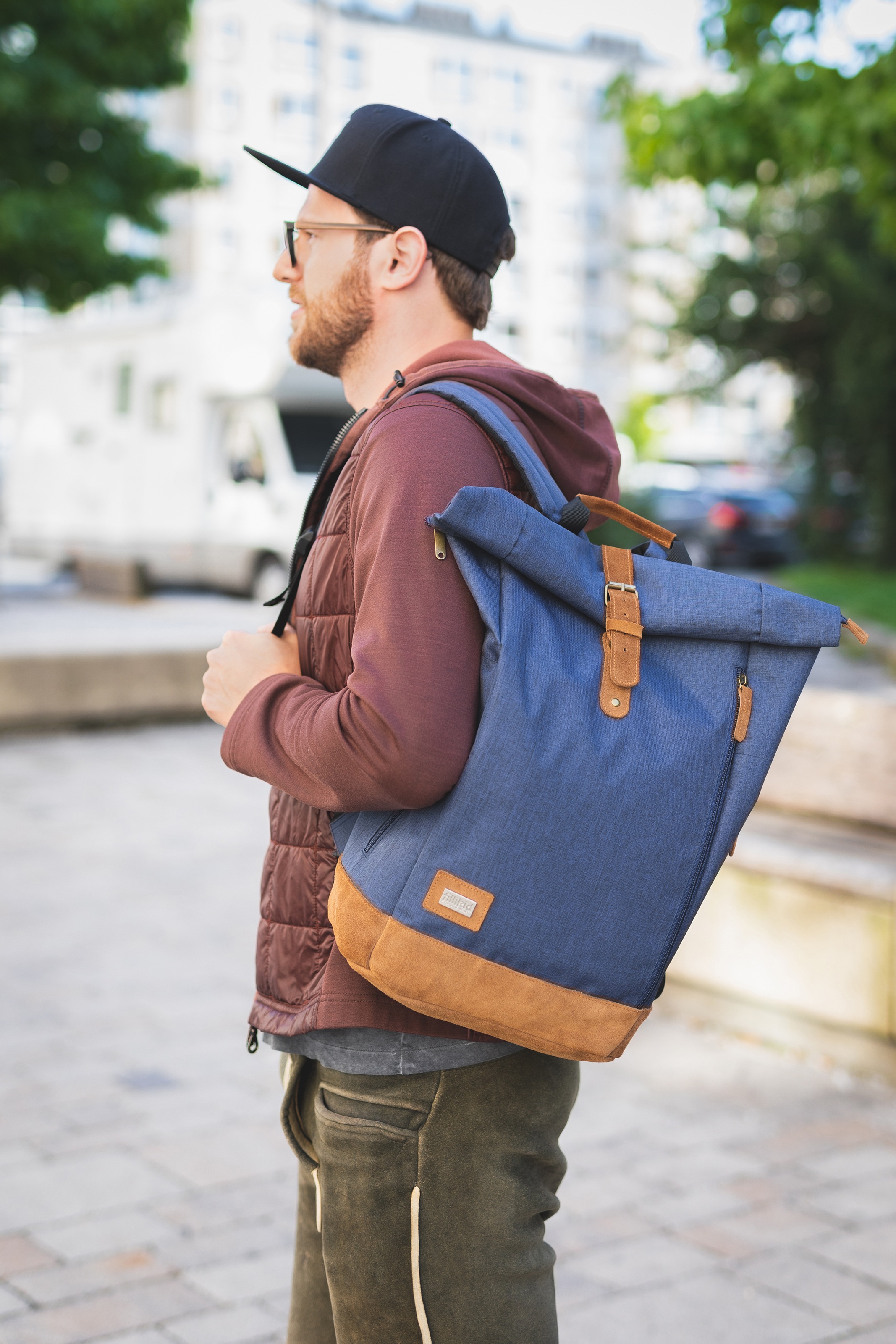 Fillikid Wickelrucksack »Rolltop Berlin, navy melange«, Reflektoren, inkl. Wickeltunterlage