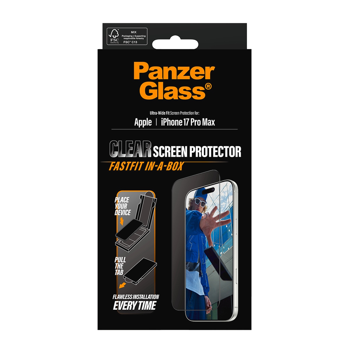 CARE by PanzerGlass Displayschutzglas »Ultra-Wide Fit Screen Protector FASTFIT IN-A-BOX« für Apple iPhone 17 Pro Max Displayschutzfolie, Schutzfolie, Bildschirmschutz, kratz- & stoßfest