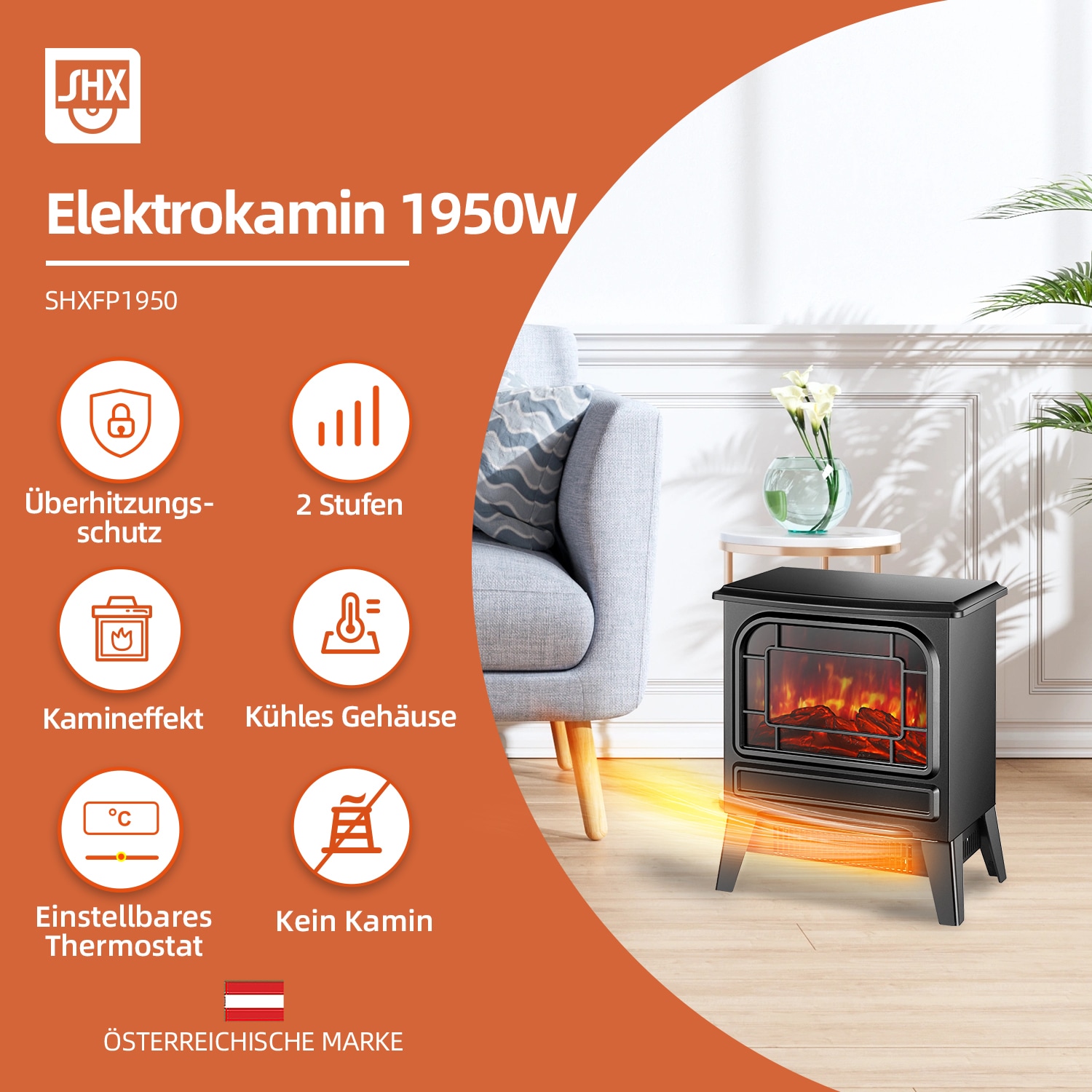 SHX Elektrokamin »Elektrokamin 1950W SHXFP1950 schwarz«, Holzscheit-Effekt, Thermostat