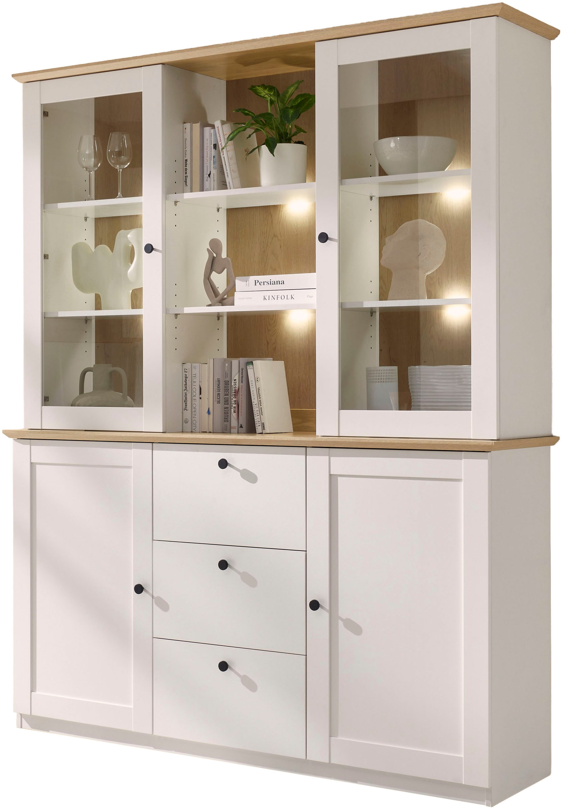 OTTO home Buffet »Brest, Hochschrank im Landhausstil, Schrank, Küchenschrank« schwarze Metallgriffe, viel Stauraum, Glastüren, 164 cm breit
