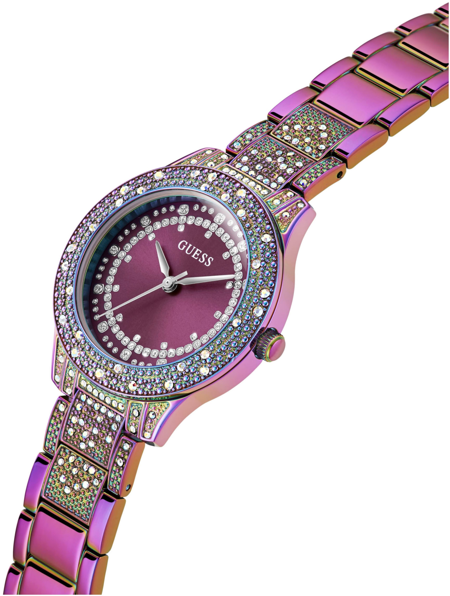 Guess Quarzuhr »SHOOTING STAR«, Armbanduhr, Damenuhr, Kristallsteine, Mineralglas, Edelstahlarmband