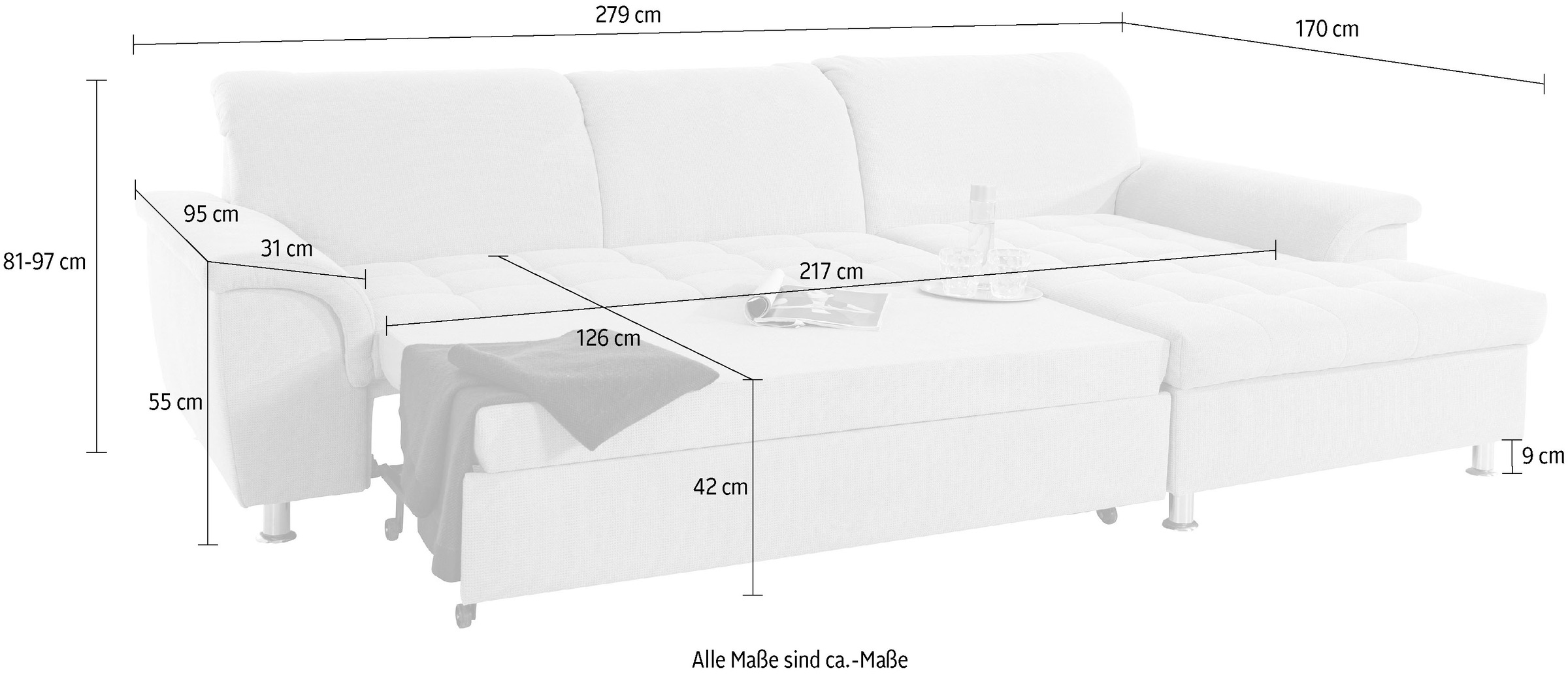 DOMO collection Ecksofa »Franzi L-Form«, wahlweise mit Kopfteilverstellung (dann Tiefe: 170 cm)