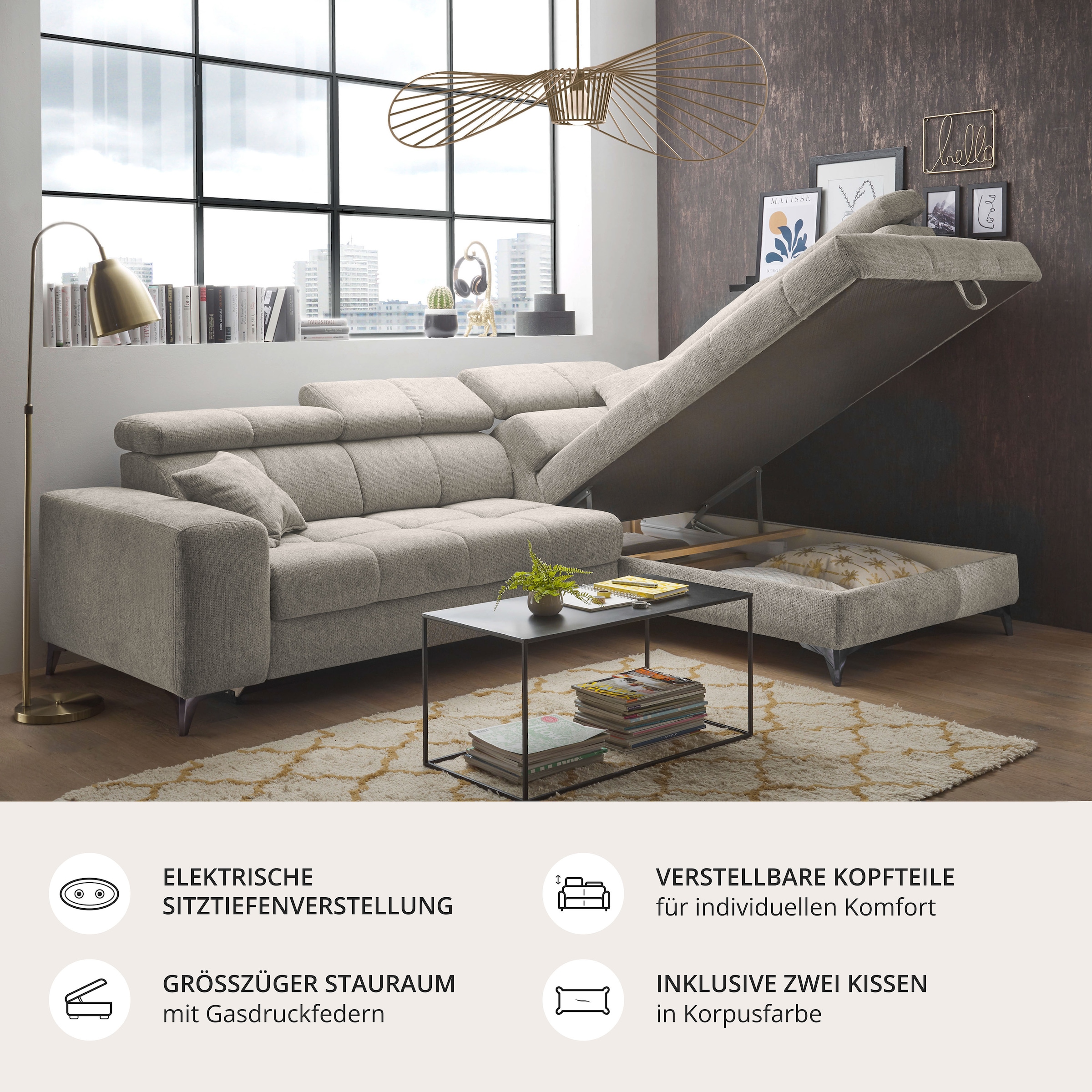 ED EXCITING DESIGN Ecksofa »Sydney L-Form« motorischer Sitztiefenverstellung, USB-Port & 2 Zierkissen