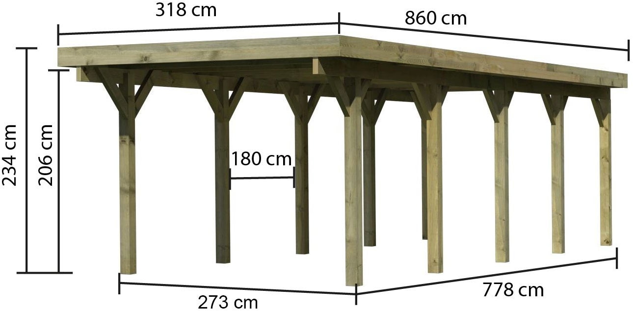 Karibu Einzelcarport »»Classic 3 SET« PVC-Dach Variante A, kesseldruckimprägniert« Massivholz 250 cm KDI aus Masivholz