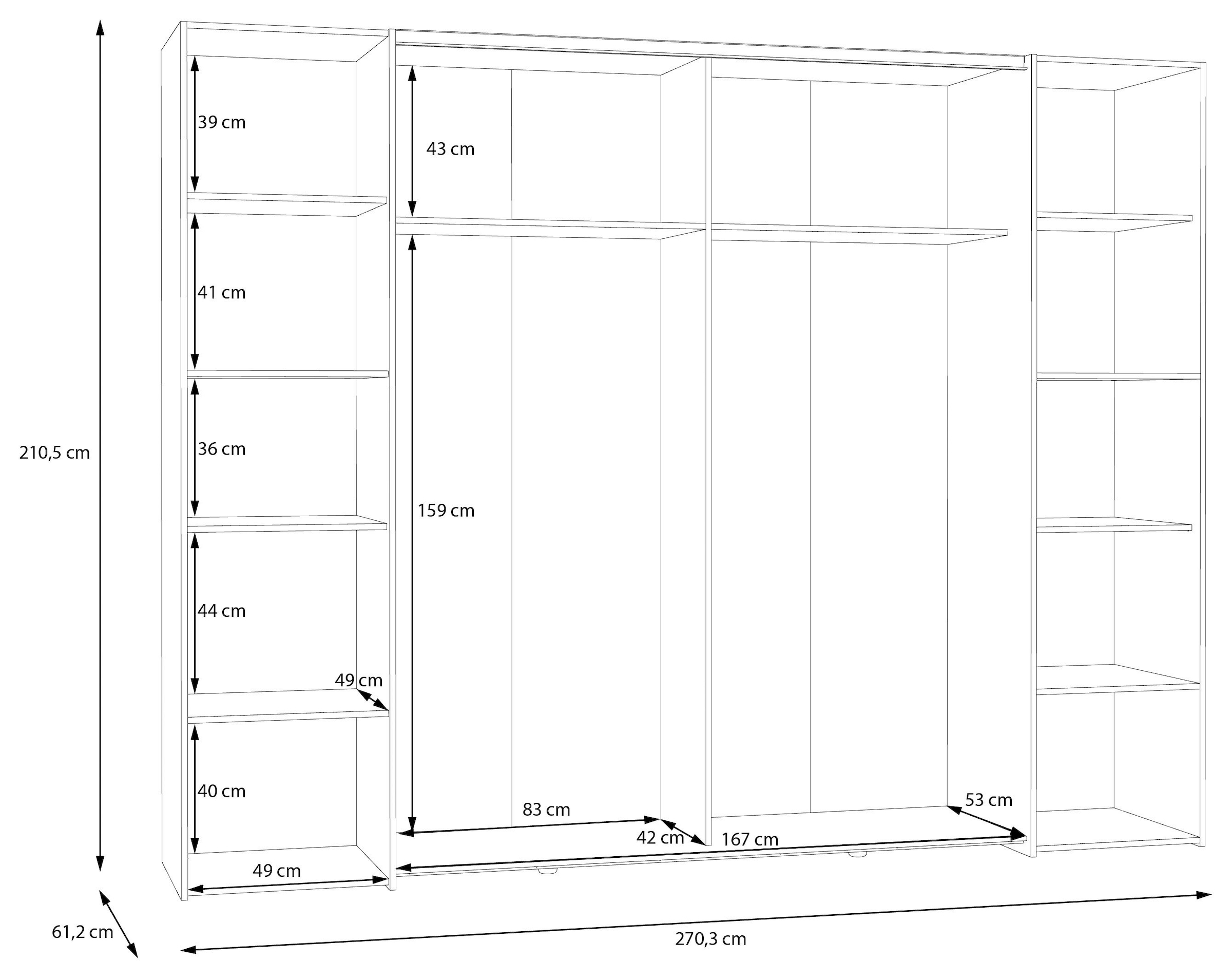 FORTE Dreh-/Schwebetürenschrank »Narago, TOPSELLER, Made in Europe, zeitloses Design«, (B/H/T ca. 270x210X61cm, Farbe Weiß auch mit Spiegeln erhältlich), viele Einlegeböden teilweise variabel einsetzbar, maximaler Stauraum