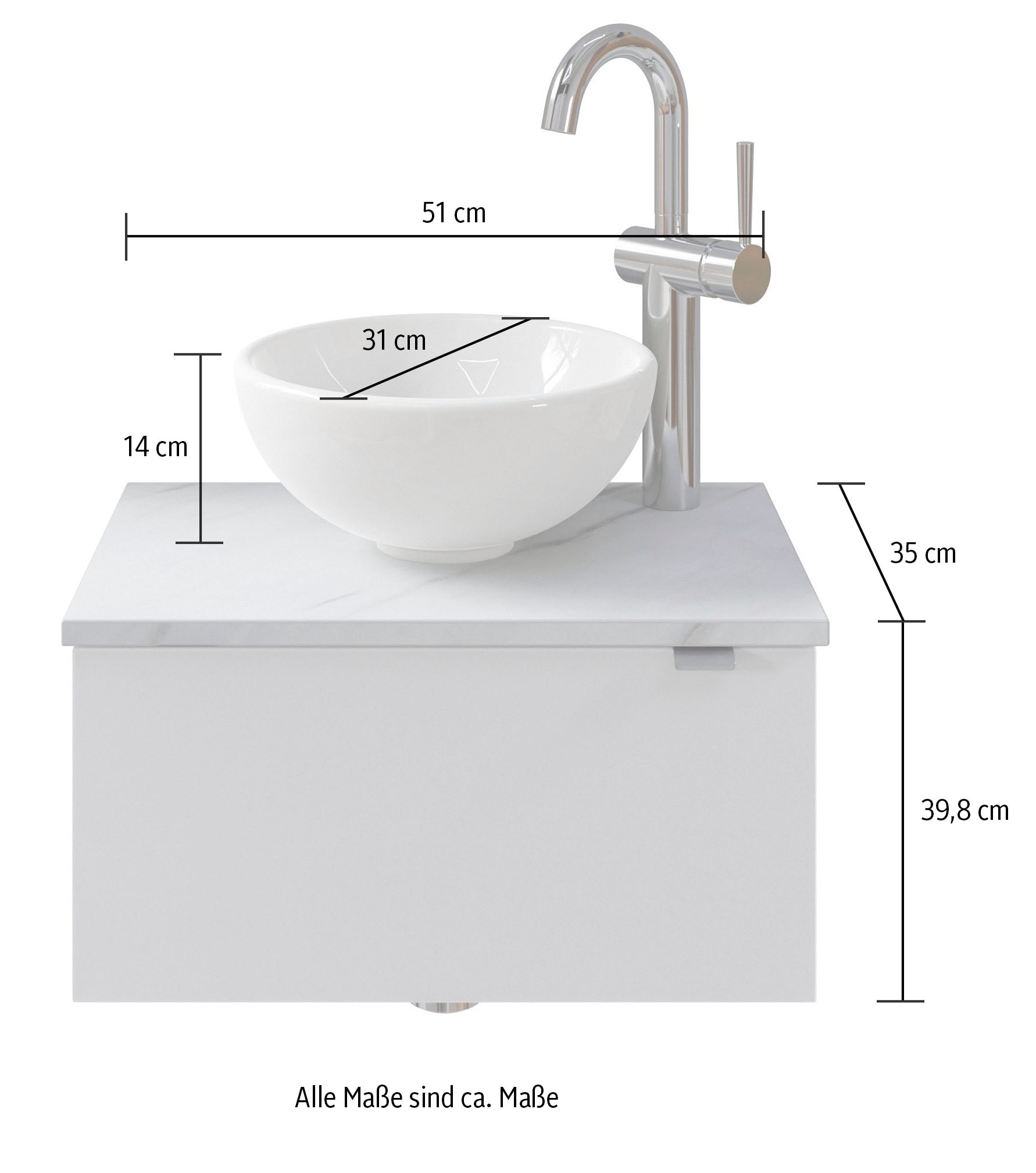 Saphir Waschtisch »Serie 6915 Waschschale mit Unterschrank für Gästebad, Gäste WC«, 51 cm breit, 1 Tür, Waschtischplatte, kleine Bäder, ohne Armatur