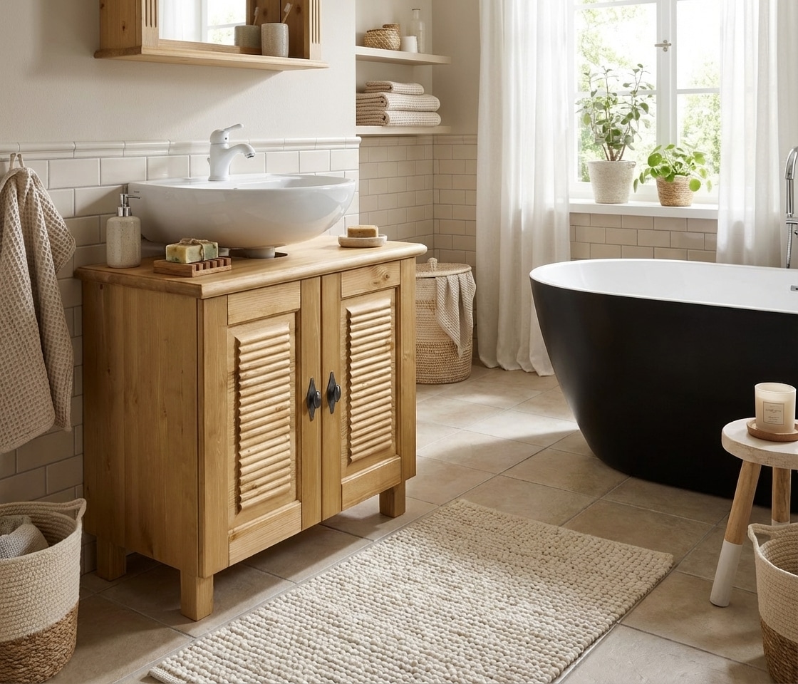 OTTO home Waschbeckenunterschrank »Rauna« aus massiver Kiefer, Breite 64 cm, Rillenoptik, made in EU