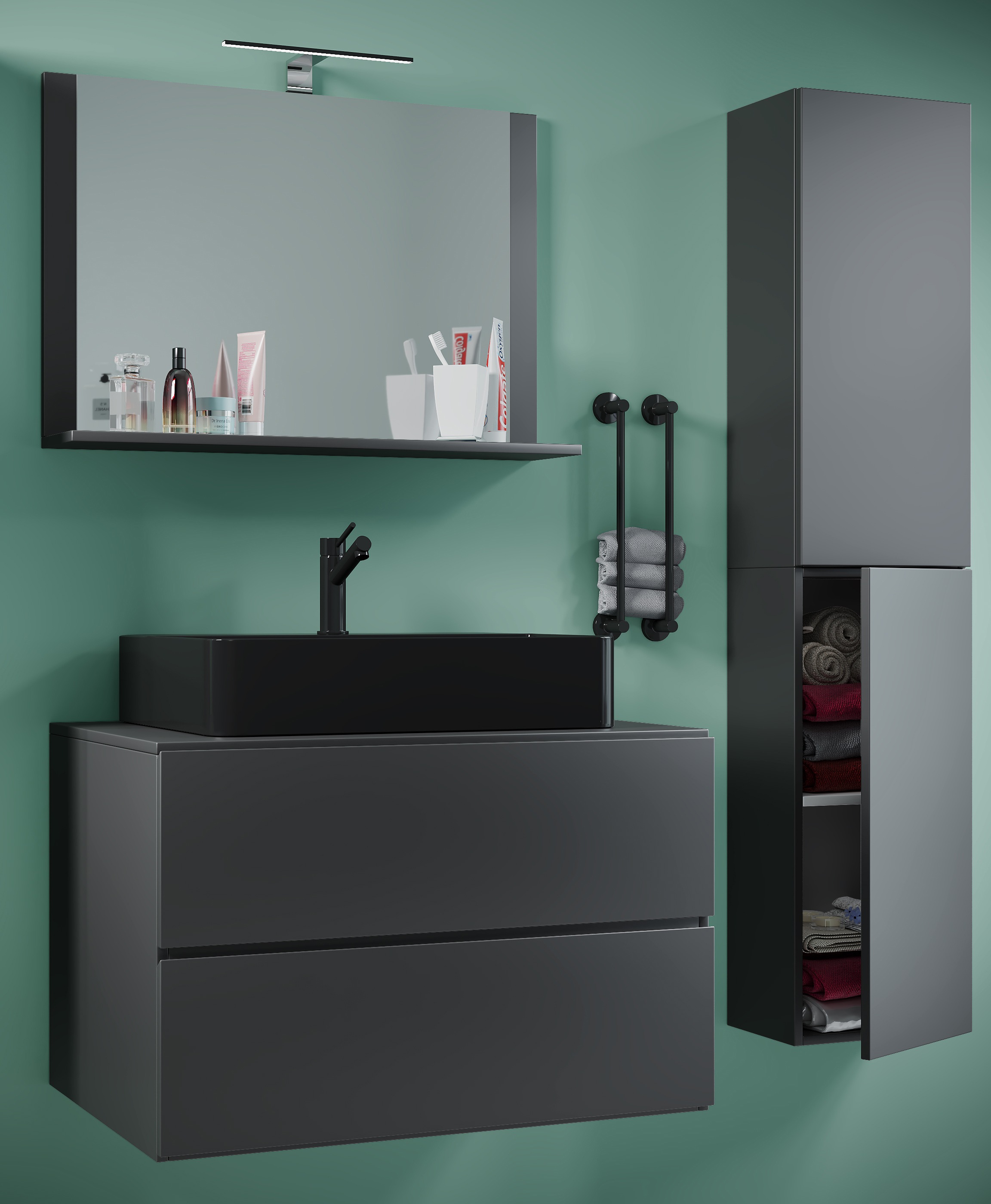 VCM Waschbeckenunterschrank »VCM 4-tlg. Waschplatz Waschtisch Badmöbel Set Waschbecken Lendas-BL Breite 80 cm L Schublade«, (4 St.)