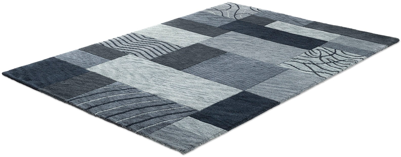 THEKO Wollteppich »Domas 4028«, rechteckig, 12 mm Höhe, Kurzflor, reine Wolle, handgeknüpft, modernes Patchwork Design