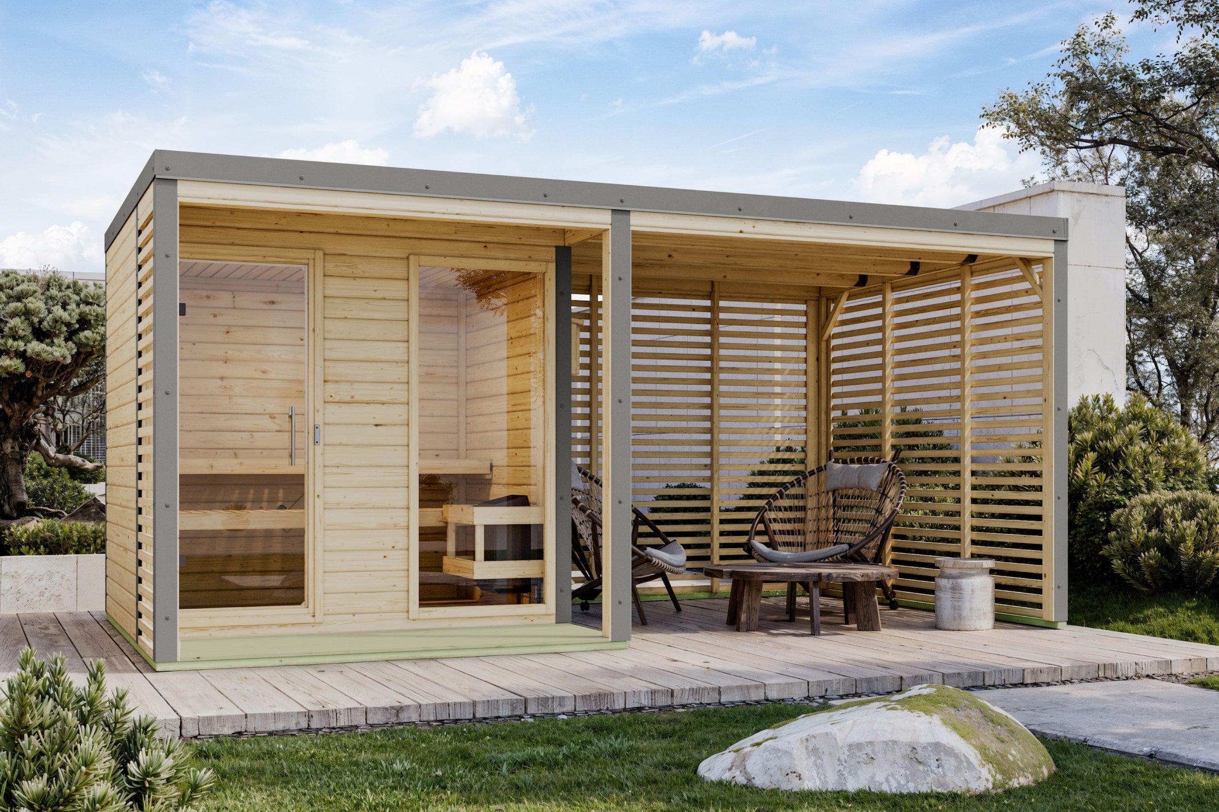 Karibu Saunahaus »"Adrian 2" naturbelassen-graualuminium« Wände aus nordischer Fichte, Stahlecken und Stahl-Dachabschluss