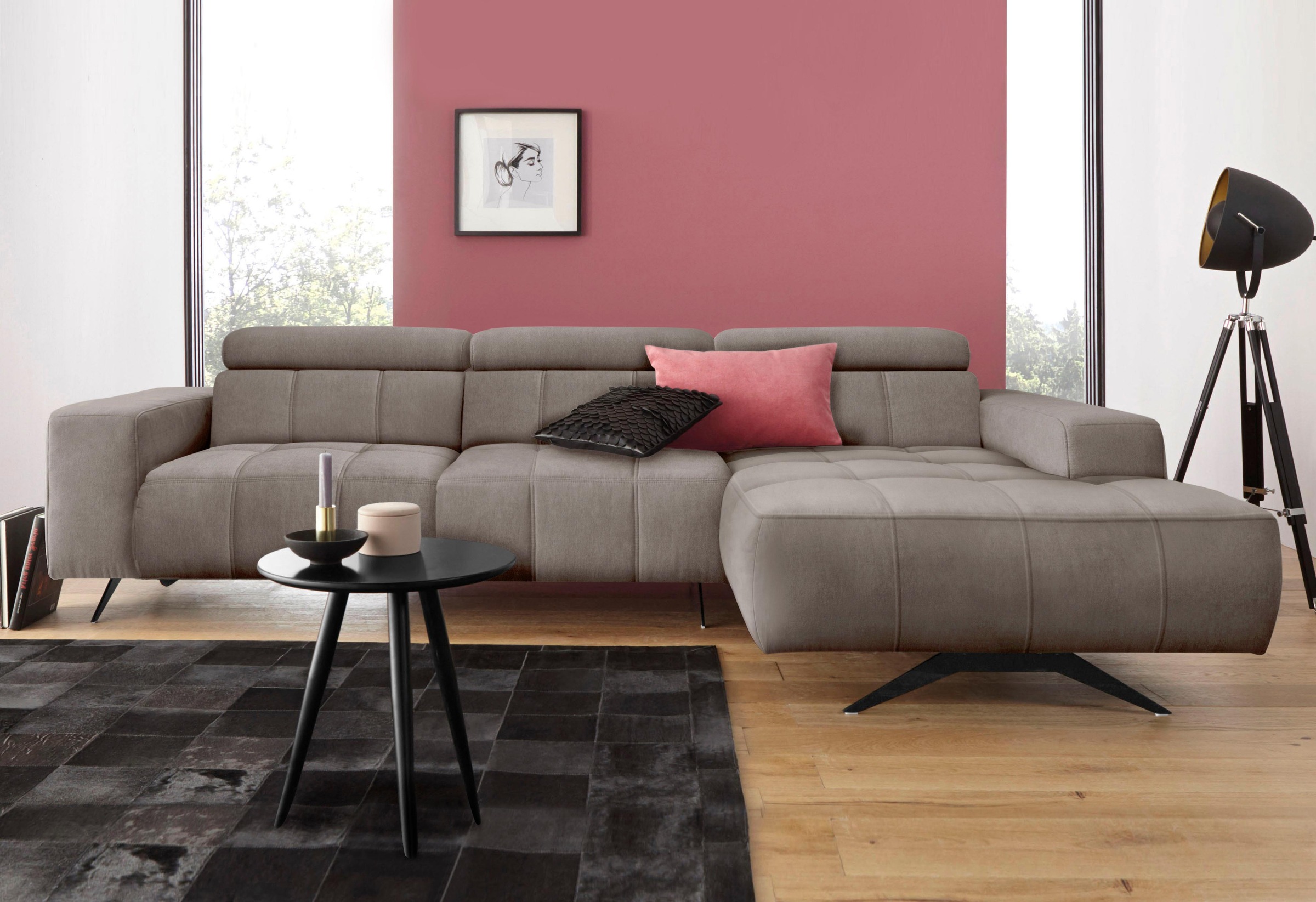 DOMO collection Ecksofa »Trento L-Form, mit Kufenfuß oder Einzelfuß«, wahlweise mit Kopfteilverstellung, Recamiere links/rechts bestellbar