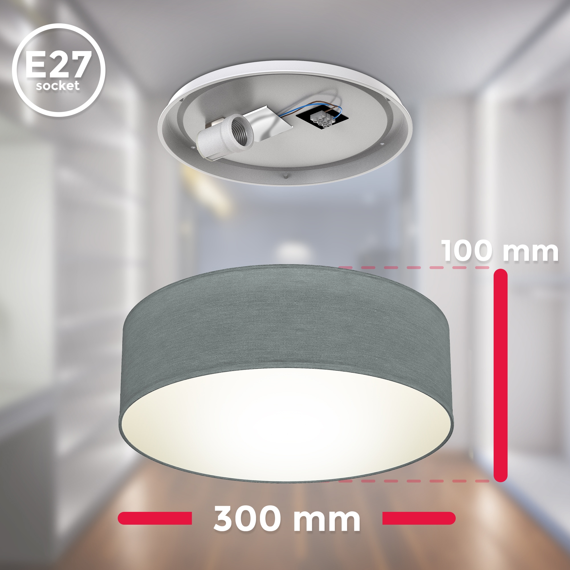 1 Deckenlampe, Lampenschirm, Garantie online E27, | LED mit Textil grau, Schlafzimmer, B.K.Licht Jahren Wohnzimmer Deckenleuchte, flammig-flammig, kaufen XXL 3