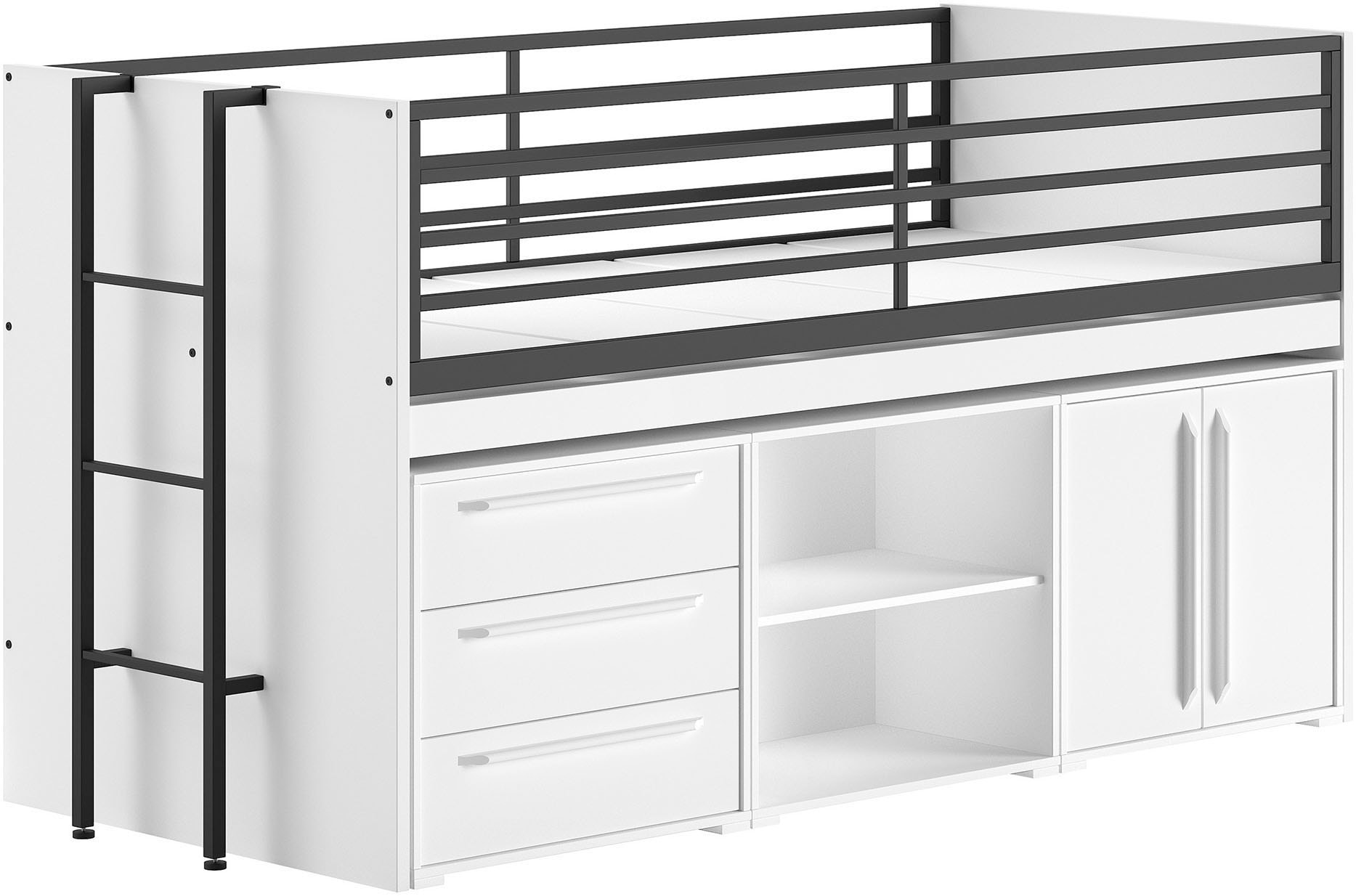 Vipack Stauraumbett »Sam, schlafen und arbeiten in einem, wahlweise Eiche- oder Weiß-Dekor« Liegefläche 90x200 cm, darunter eine große ausziehbare Schreibplatte,  mit Absturzschutz, Leiter u. Stauraum, pflegeleichte Dekor Oberfläche