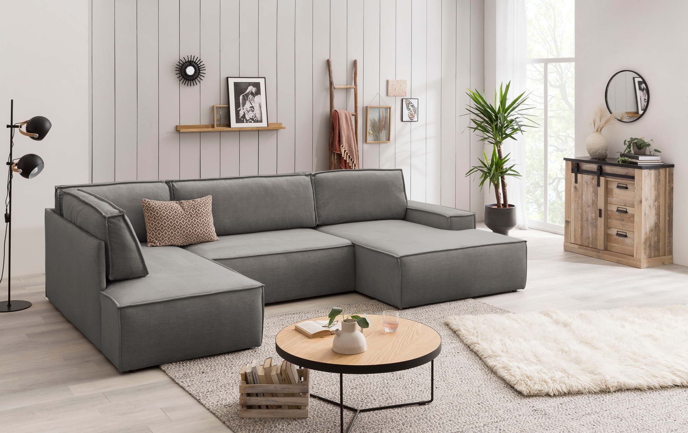 Home affaire Wohnlandschaft »SHERWOOD 329 cm, U-Form, Schlafsofa,«, Schlaffunktion m. Bettkasten (194x139 cm), Cord, Vintage, Samtvelours