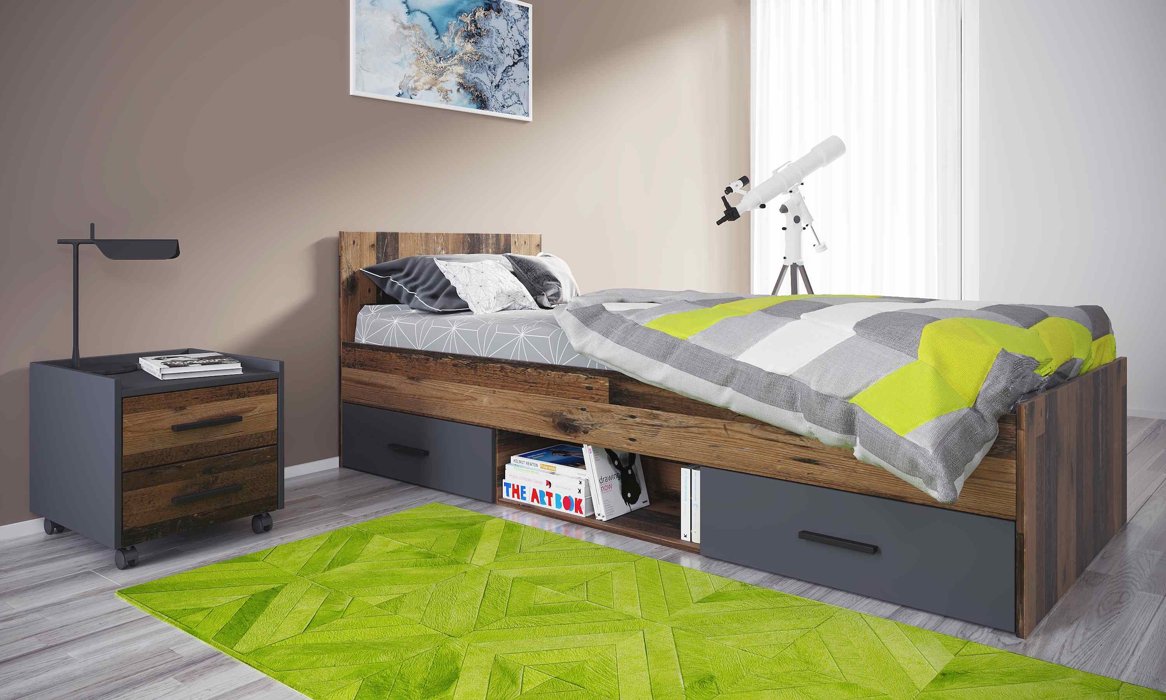 Home affaire Jugendzimmer-Set St.), kaufen + Nachttisch (3 Industrial »Nonjoo-Teen«, Stauraum mit Style, bequem 120er Bett