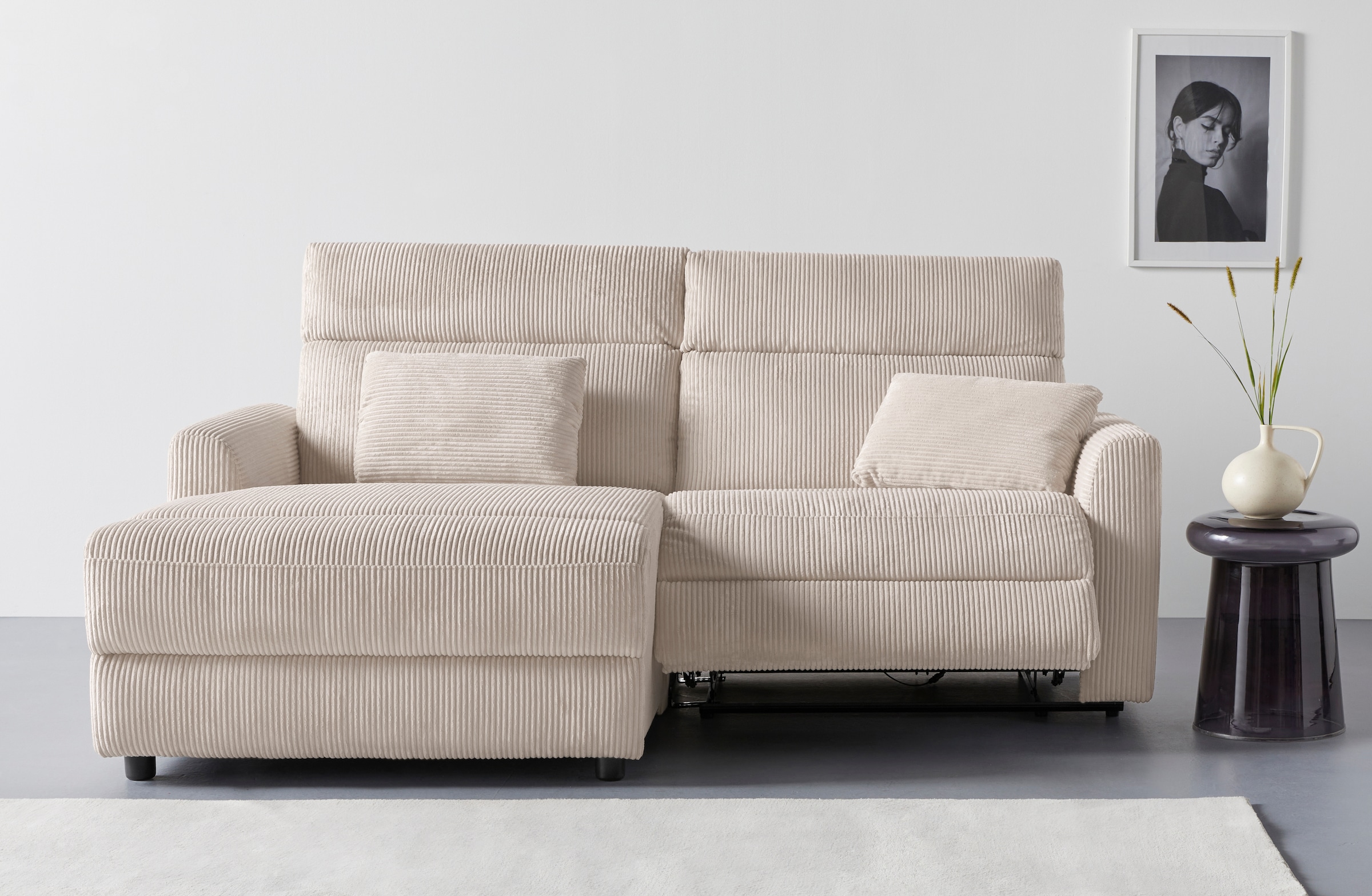 INOSIGN Ecksofa »JENNA, L-Form, 209cm, manuelle u. elektrische Funktion, mit USB A/C,«, Liegefunktion 105°-150°, Federkern, Cord