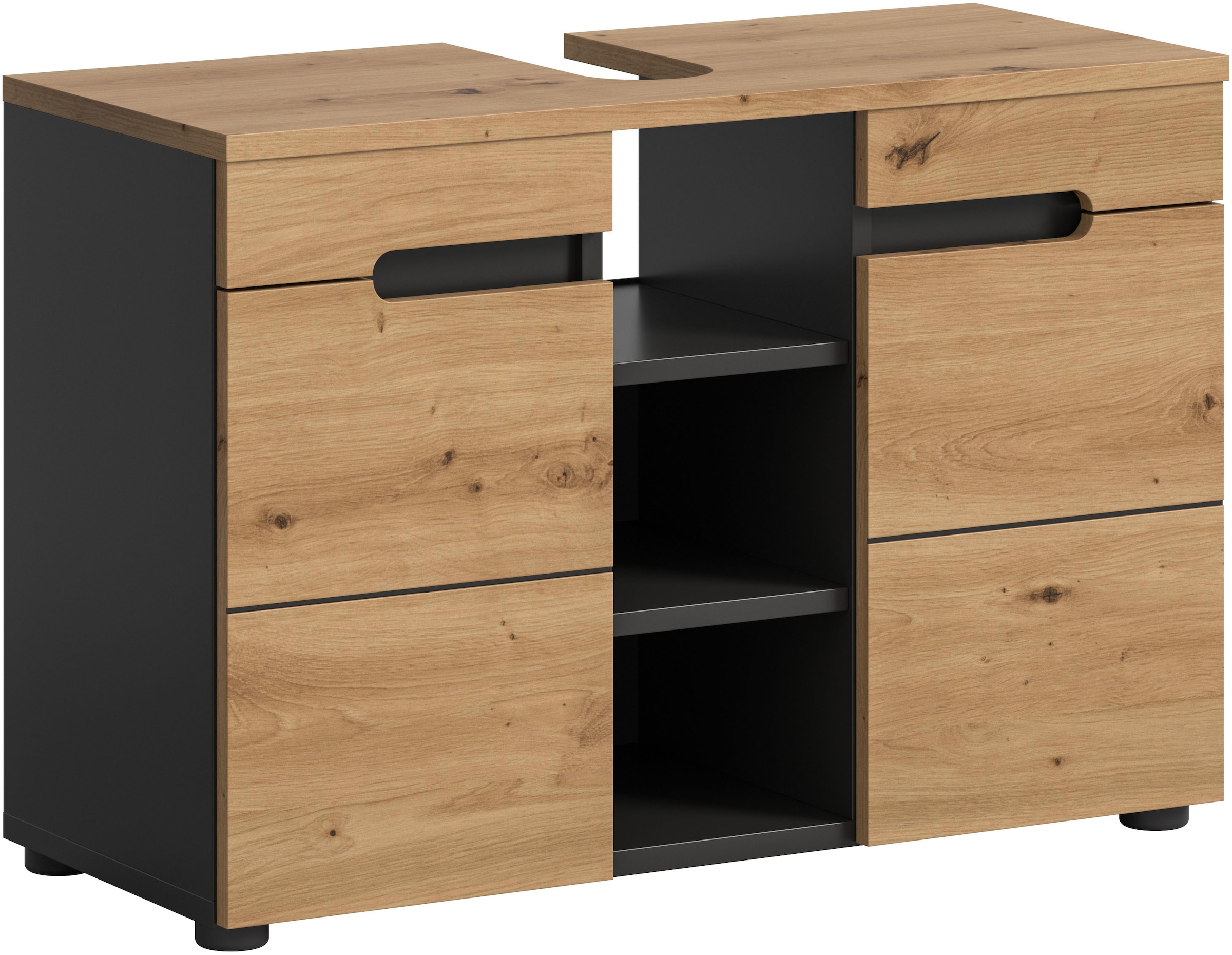 welltime Waschbeckenunterschrank "REHAT, Breite 63 cm, 2 Türen, Einlegeboden, mit Siphonausschnitt" Soft-Close-Funktion, eingefasste Griffaussparung in der Front