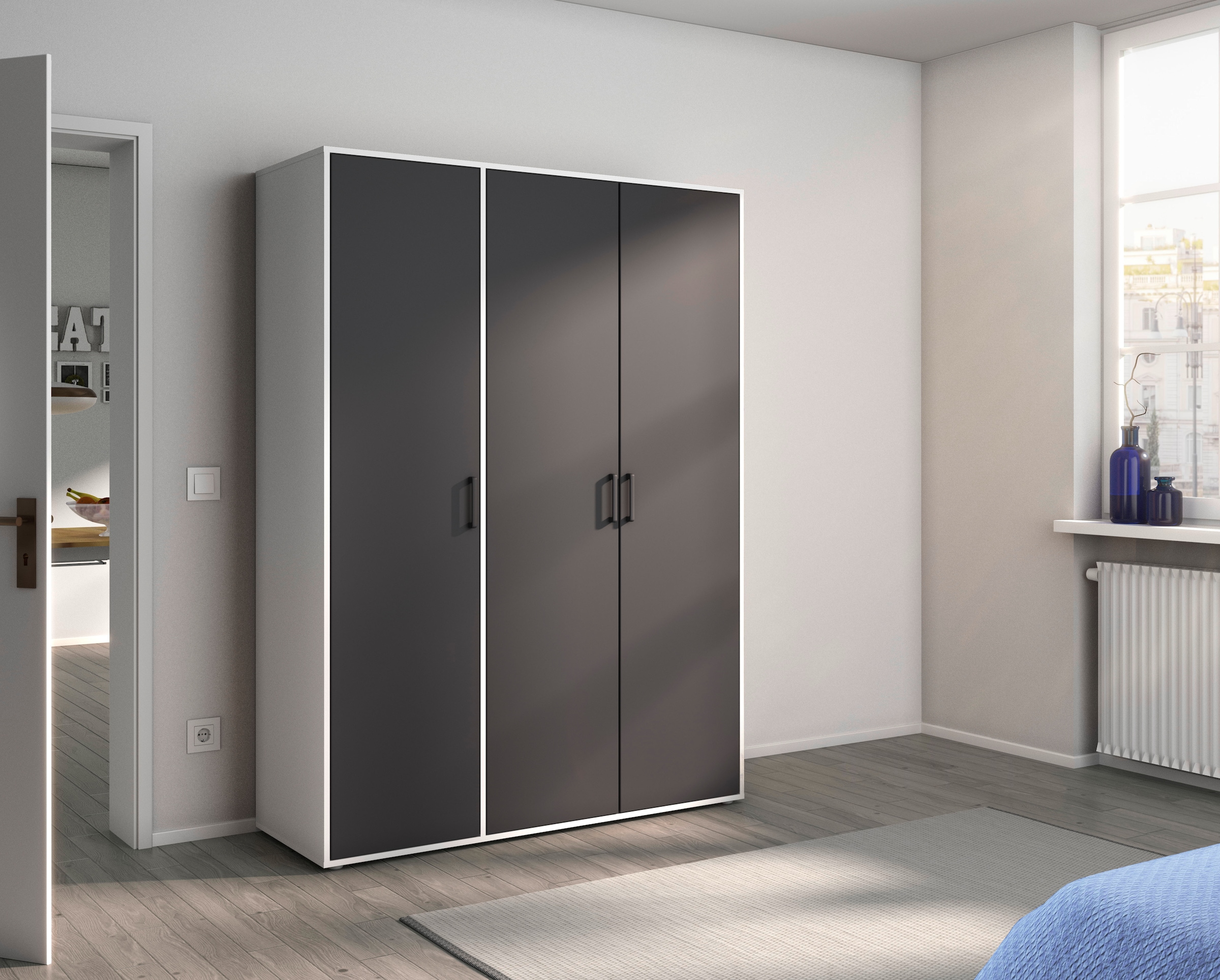 rauch Drehtürenschrank »Kleiderschrank Schrank Garderobe Wäscheschrank TOPSELLER VOYAGER«, (in 3 verschiedenen Ausstattungen BASIC/CLASSIC/PREMIUM), mit modernen Griffen in Graumetallic, viel Stauraum MADE IN GERMANY