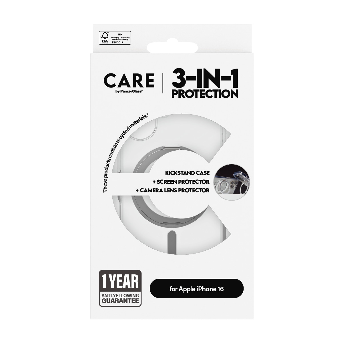 CARE by PanzerGlass Displayschutzglas »3-in-1 Protection, Ceramic Glass, Kickstand Case, Lens Cover«, für Apple iPhone 16, Displayschutzfolie, Schutzfolie, Bildschirmschutz, kratz- & stoßfest
