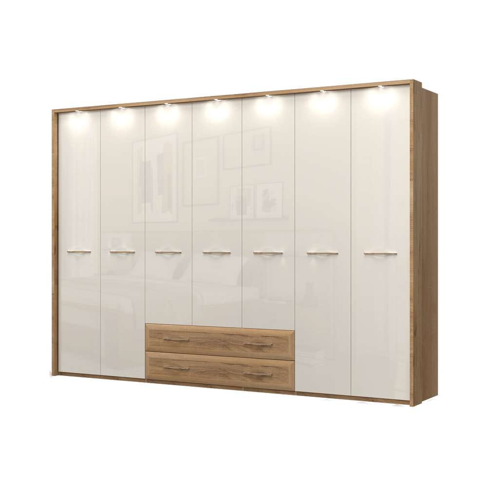 Home affaire Kleiderschrank »Gala, beige hochglänzend UV lackiert, kratzfest, FSC-zertifiziert«, (abgerundete Schubladen aus MDF im Holzdekor, soft-close), mit Beleuchtung und Passpartourahmen, hoher Schrank (224cm), 4 Breiten