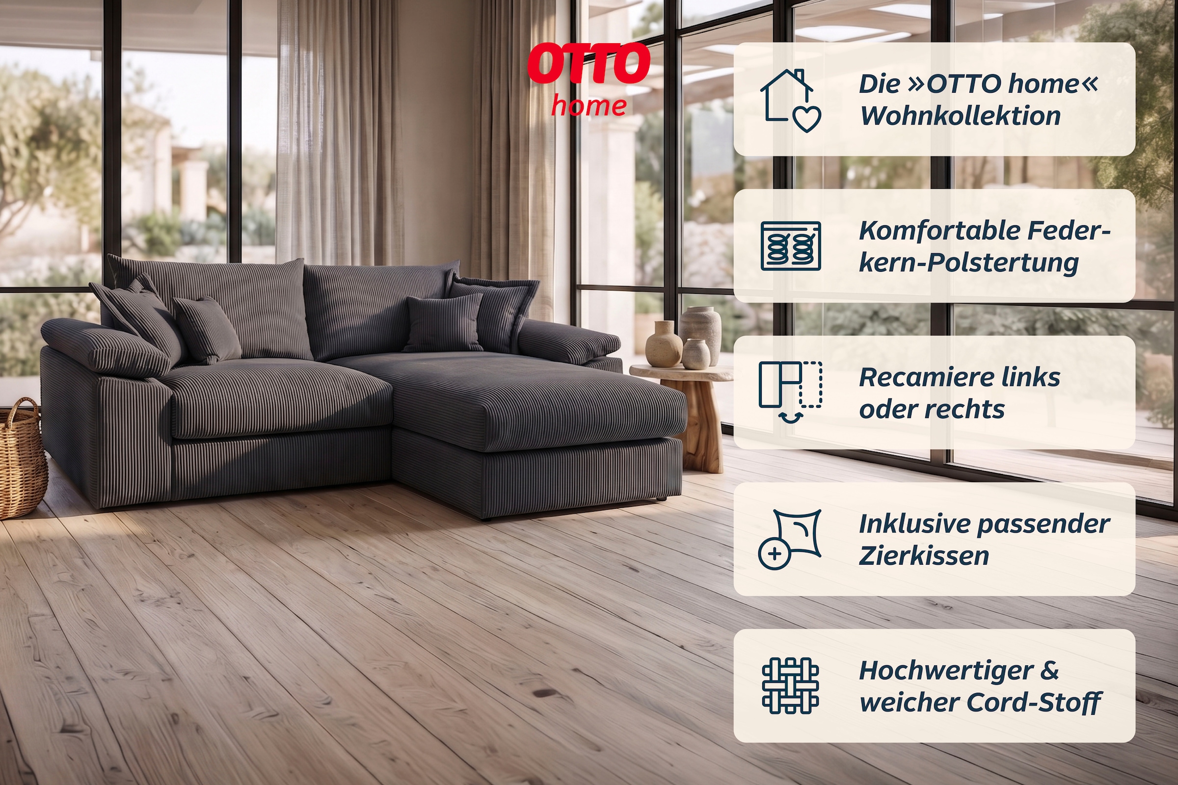 OTTO home Ecksofa »Soft&Cosy XL L-Form, B: 246 cm - OTTO. Verlässliche Qualität.« Mega-Sofa, Cord oder Chenille-Struktur, mit Federkern & 4 Zierkissen