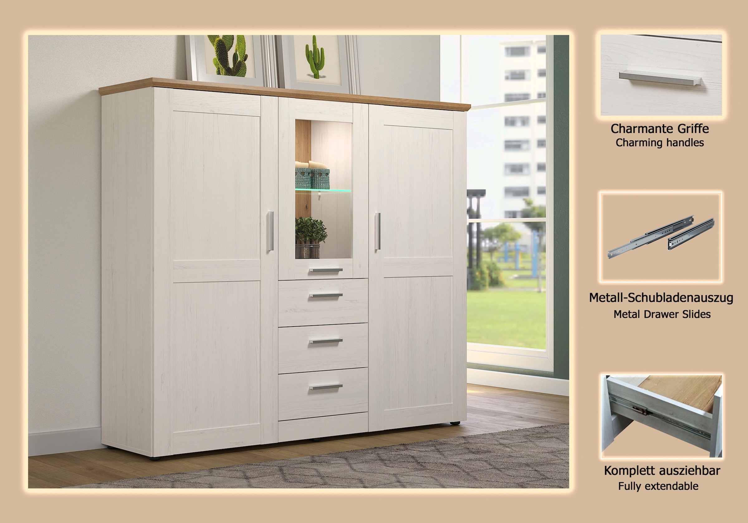 Home affaire Highboard »Nybro« Vitrine, wechselseitig montierbarer Türanschlag, Breite 159 cm