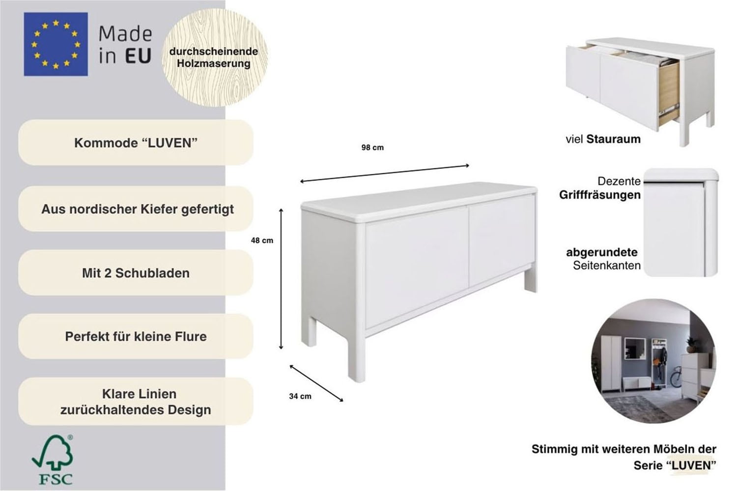 OTTO home Kommode »Luven« FSC® zertifiziertes Massivholz, mit 2 Schubkasten