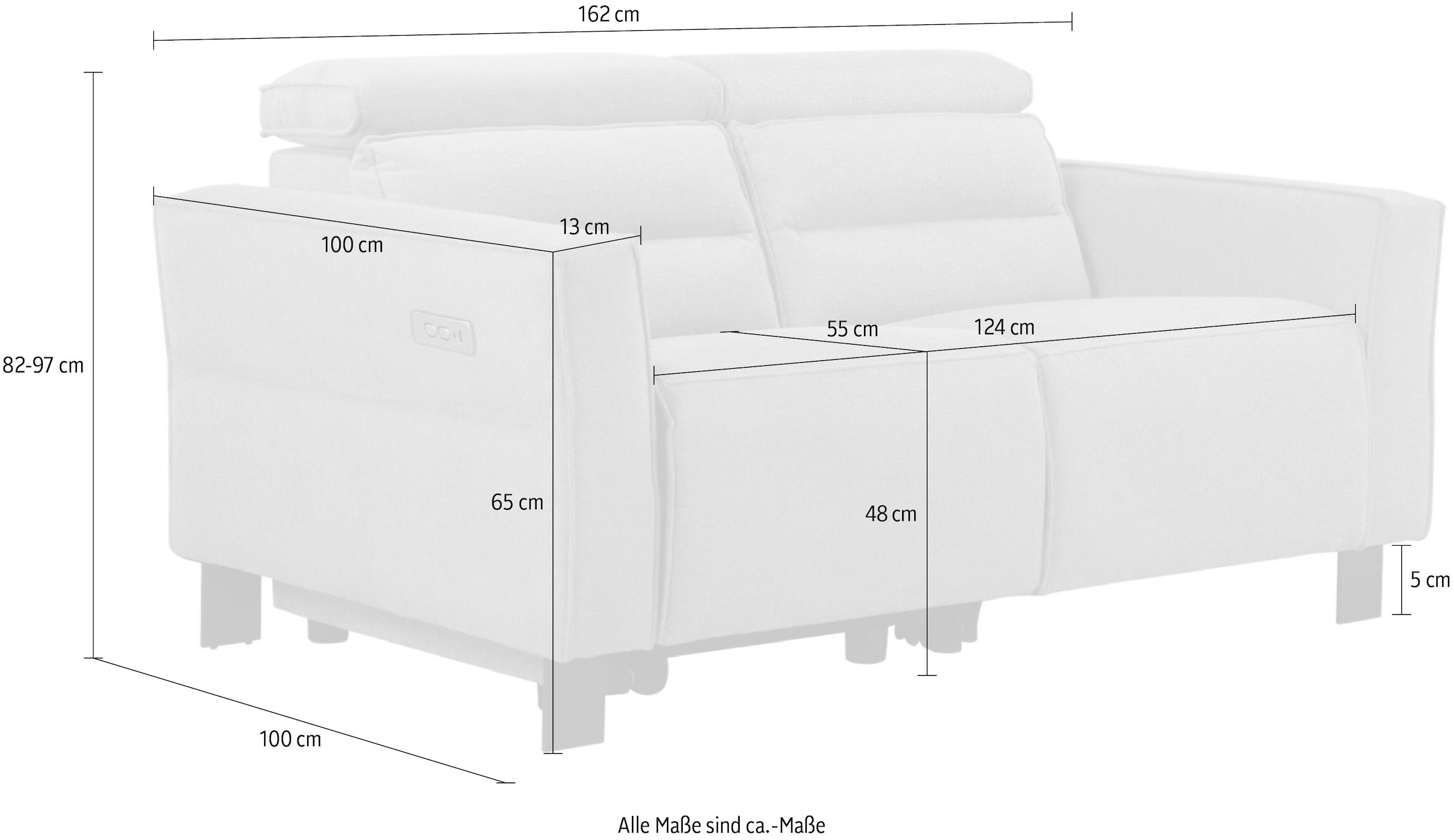 Places of Style 2-Sitzer »Carpari, 162 cm, mit manueller od. elektrischer Relaxfunktion«, (USB A/C), sowie Kopfteilverstellung