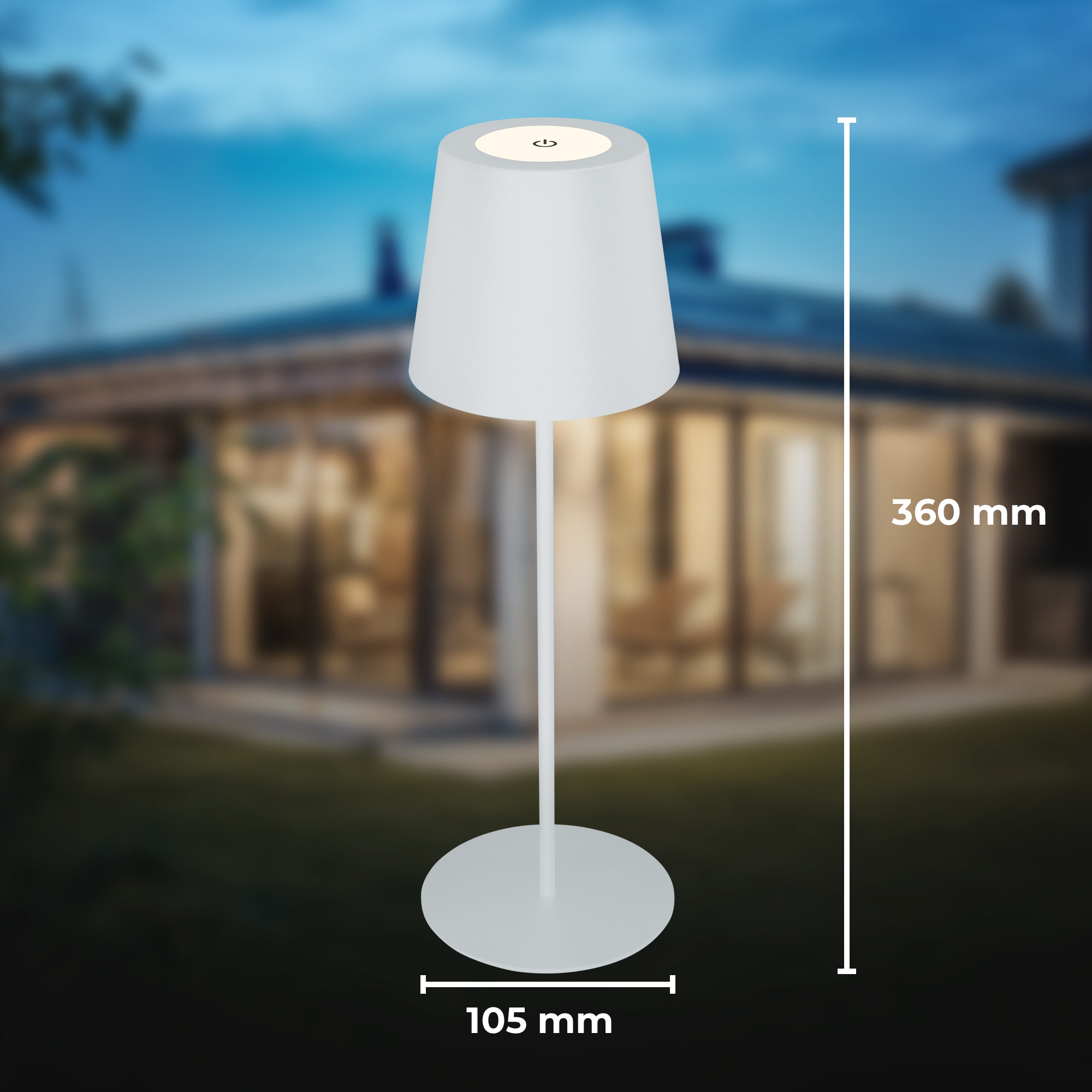 B.K.Licht Außen-Tischleuchte »BK_TL1594 Akku LED Tischlampe, 3-Stufen Touchdimmer, mit USB« LED-Modul 1 Stk. Extra-Warmweiß 2.700 K, 200 Lm, 2,5W, IP44, 12h Leuchtdauer, 36 x 10,5 cm, Weiß