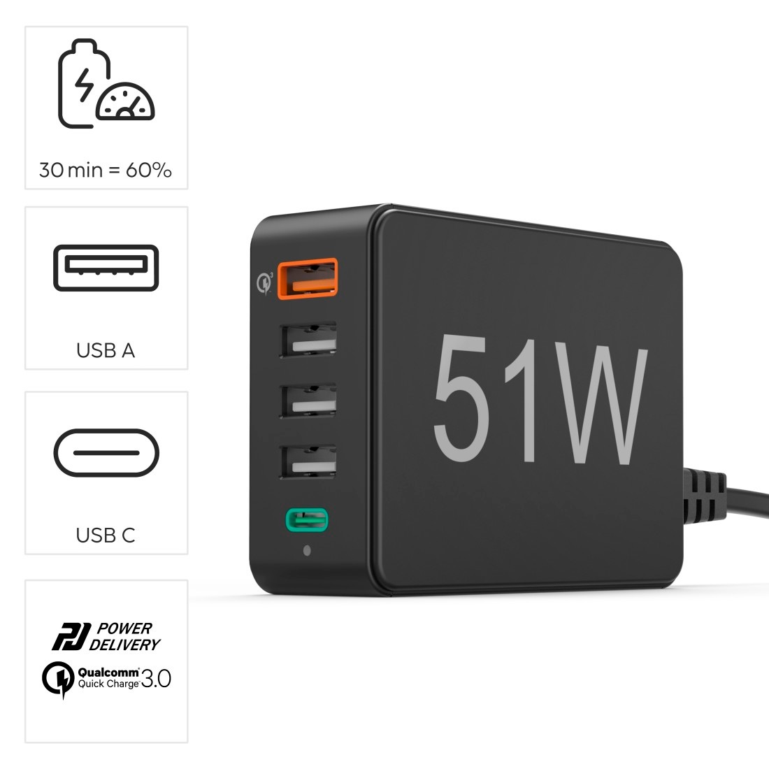 Hama USB-Ladegerät »5in1 USB-Ladestation 51 W, USB + USB-C Adapter 5 Port Schnellladegerät«