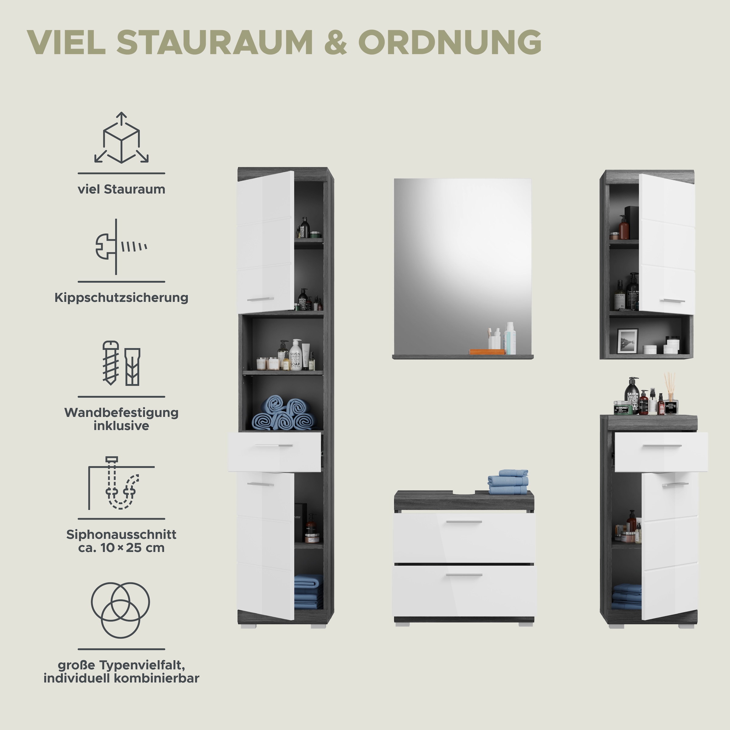 welltime Badmöbel-Set »Siena, 5 teilig, bestehend aus:« Set, 5 Stk. tlg.