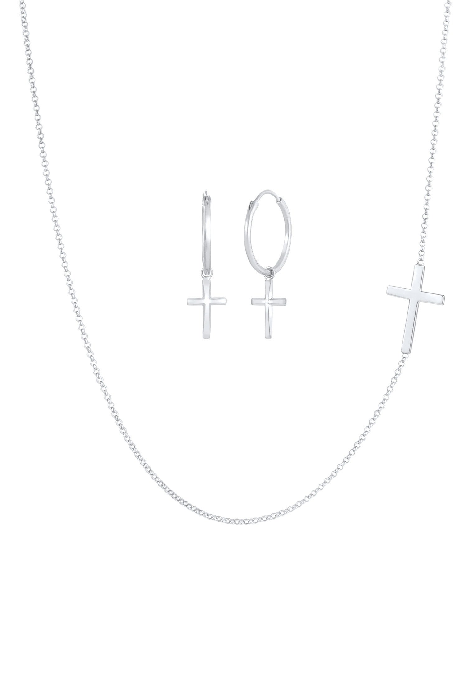 Elli Ohrring und Ketten Set »Schmuckset Kette Creolen Ohrringe Kreuz Religion 925 Silber« ()