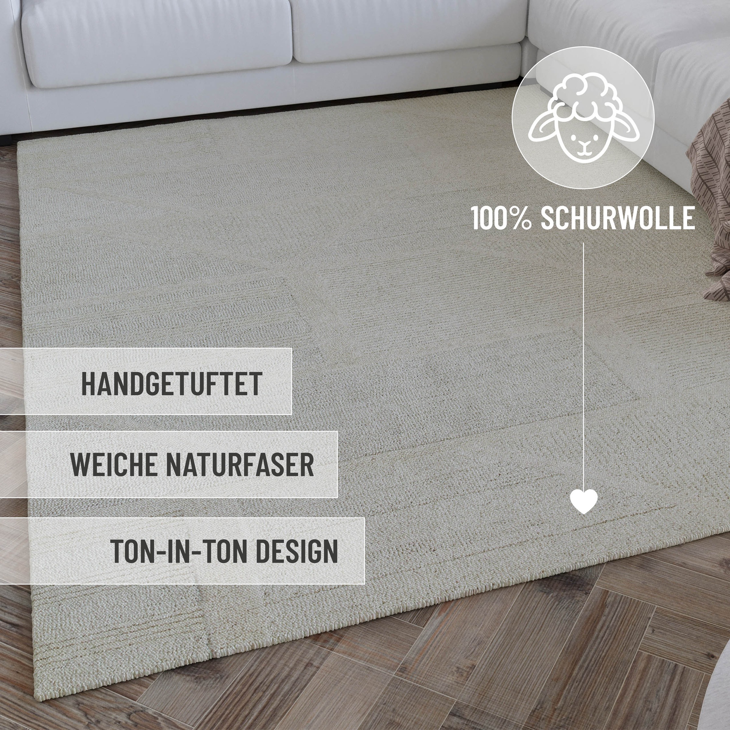 Wecon home Wollteppich »Hamptons FIVETEEN«, rund, 15 mm Höhe, Schurwolle, Kurzflor, Wohn- & Schlafzimmer, elegant, Hoch-Tief-Effekt