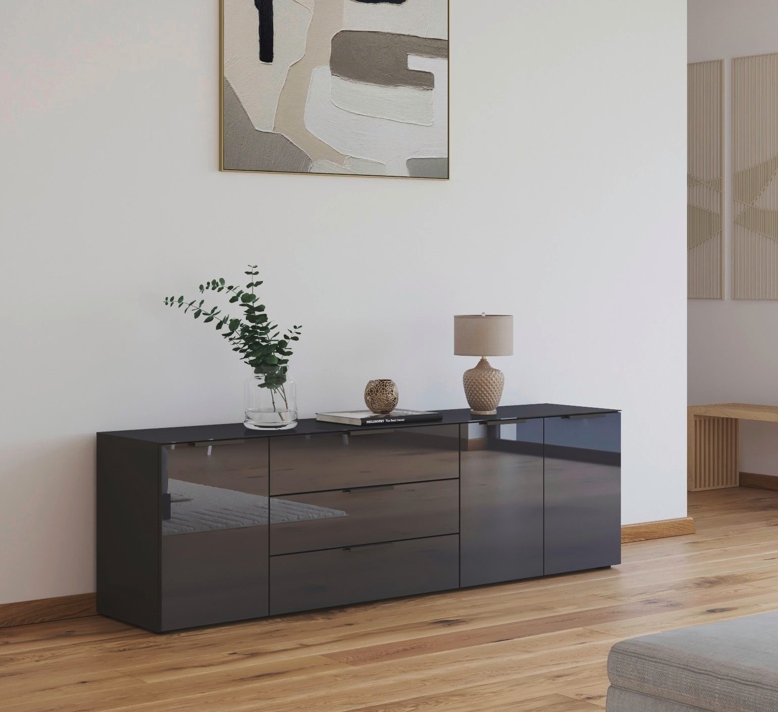 rauch Kombikommode »Kommode Türkommode Sideboard Kombikommode FLIPP mit Glasfront« Breite 200 cm mit 2 Einlegeböden,  3-türig, 3 Schubladen, Soft-Close-Funktion, Oberboden und Front Glas
