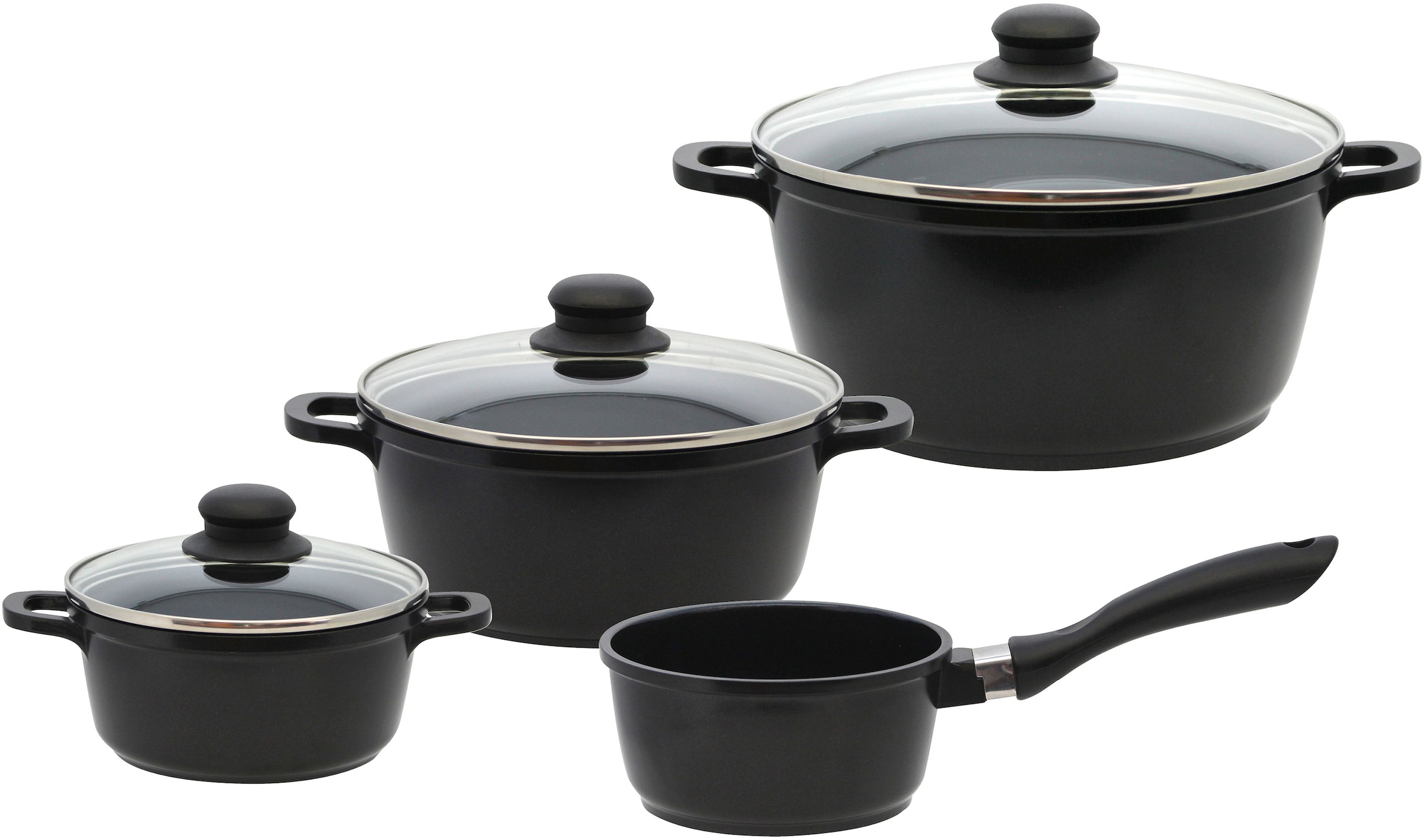 Elo Basic, Topf-Set »Black Cast« Set, 3 Töpfe mit Deckel, 1 Stielkasserolle, 7 Stk. tlg. Aluminiumguss, schwarz, schwarz