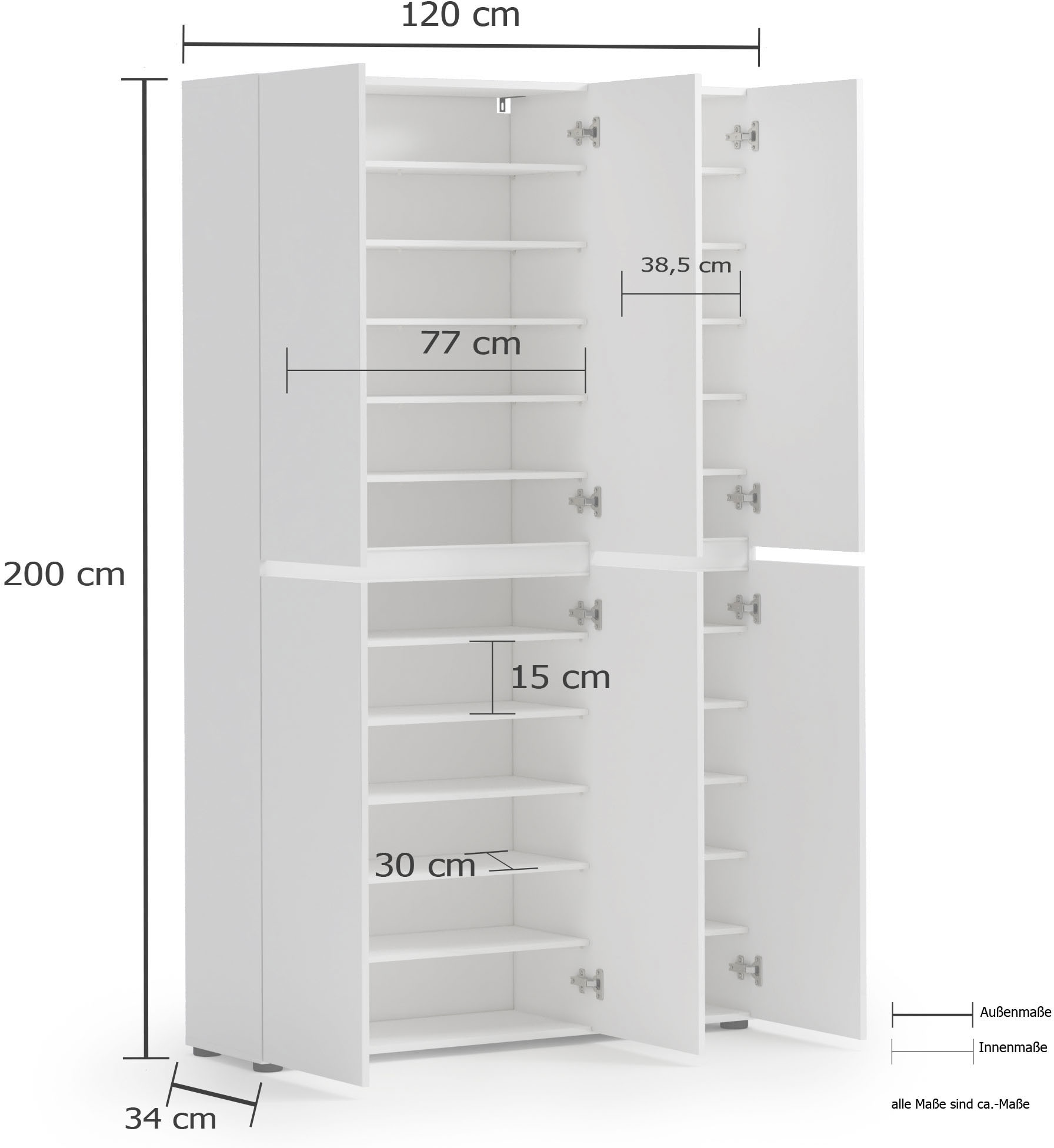 INOSIGN Schuhschrank »Mister,Schuhkommode,Schuhmöbel,Schuhablage,Schuhregal«, Breite 120 cm, Höhe 200 cm, Tiefe 34 cm, 6 Türen, 24 Fächer, 2 Spiegel
