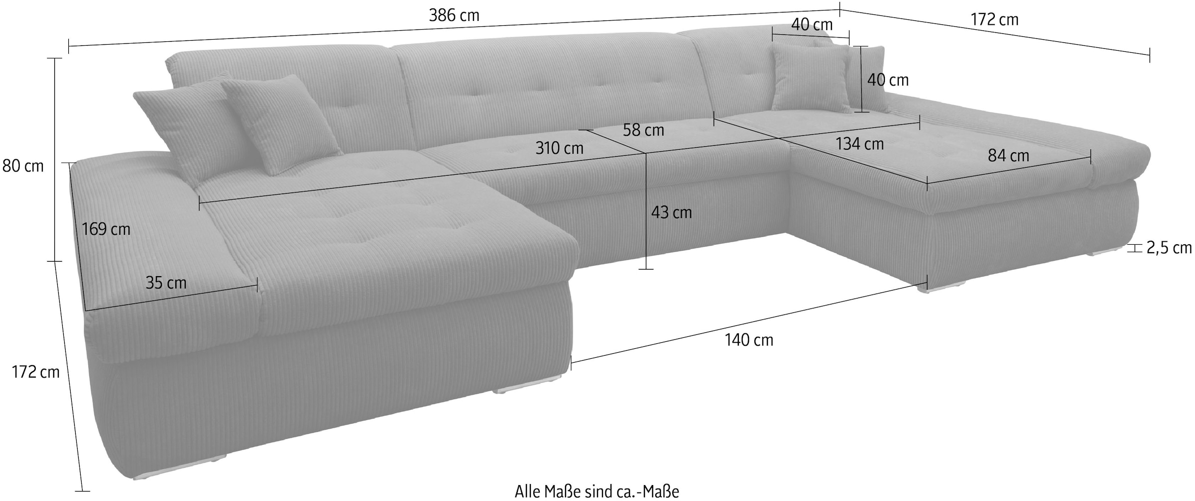 DOMO collection Wohnlandschaft »Moric wahlweise mit Bettfunktion und Armteilverstellung, XXL«, U-Form, beidseitig mit Recamiere, incl. Zierkissen, Cord-Bezug
