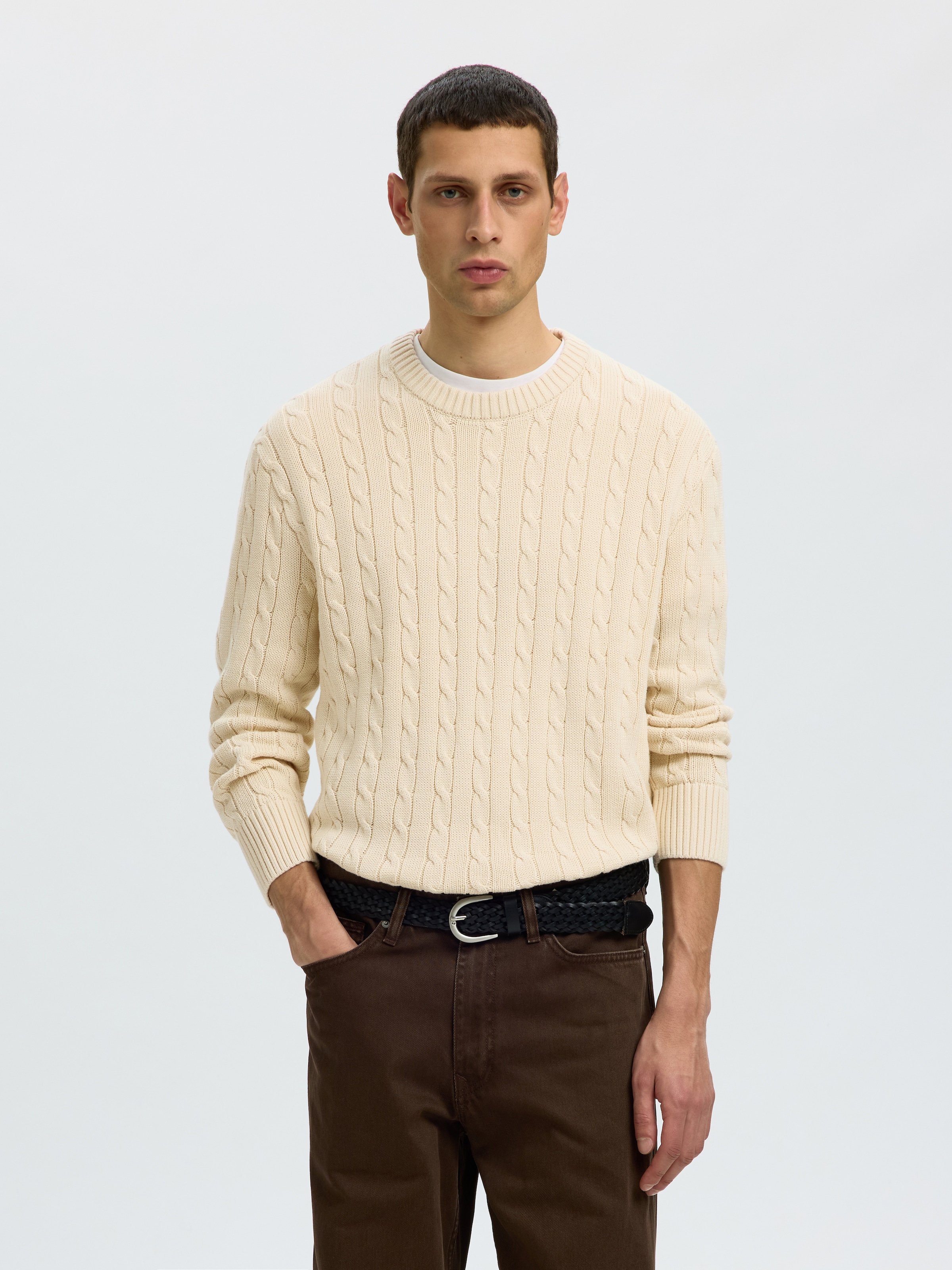 SELECTED Rundhalspullover »SLMBRAUN KNIT CABLE CREW NOOS« Baumwolle, relaxed fit