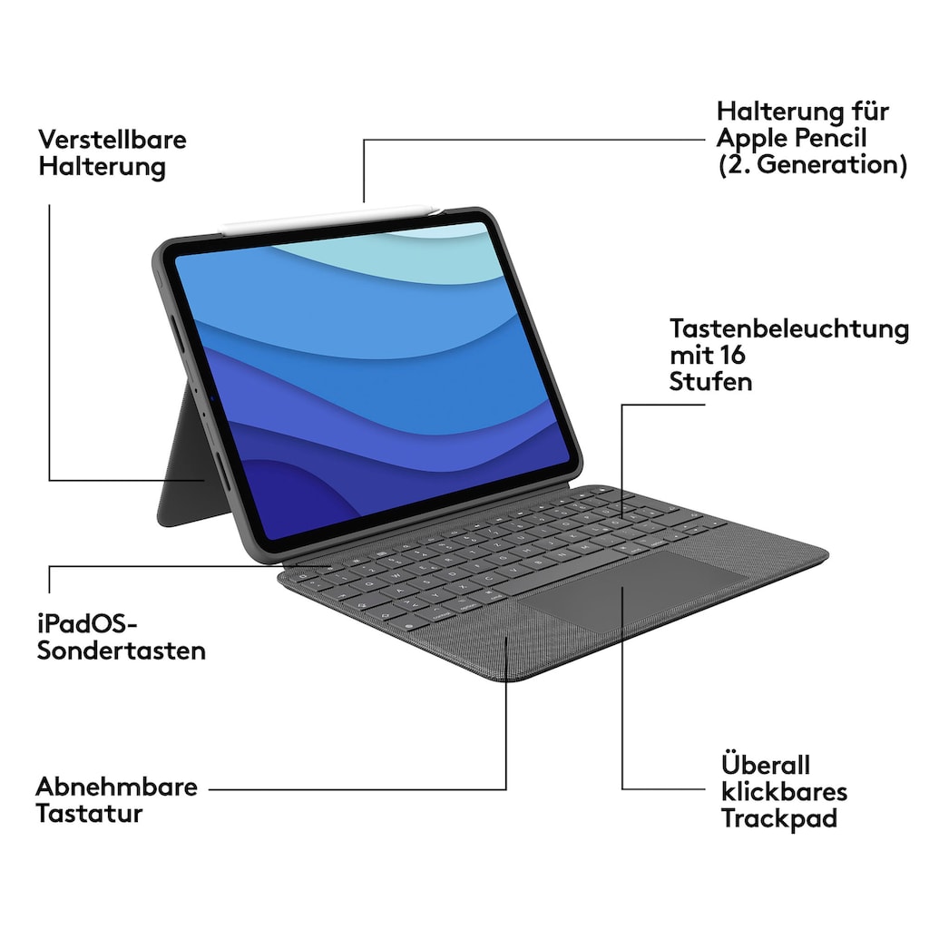 Logitech iPad-Tastatur »Combo Touch iPad Pro 11 Zoll«, (ausklappbare Füße-Multimedia-Tasten)
