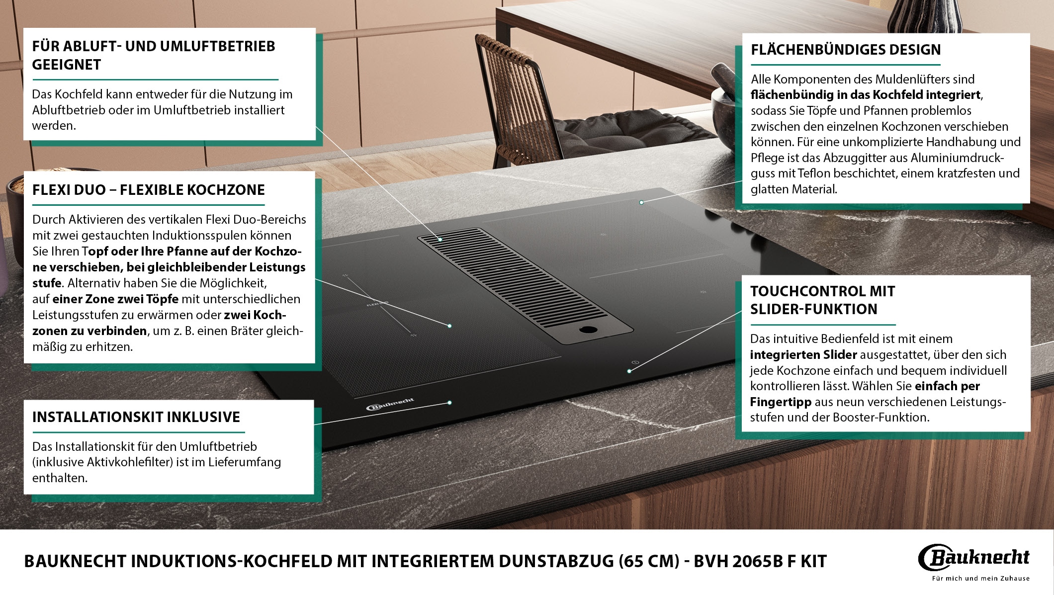 BAUKNECHT Kochfeld mit Dunstabzug »BVH 2065B F KIT«, inkl. komplettem Installations-Zubehör für Kanalführung