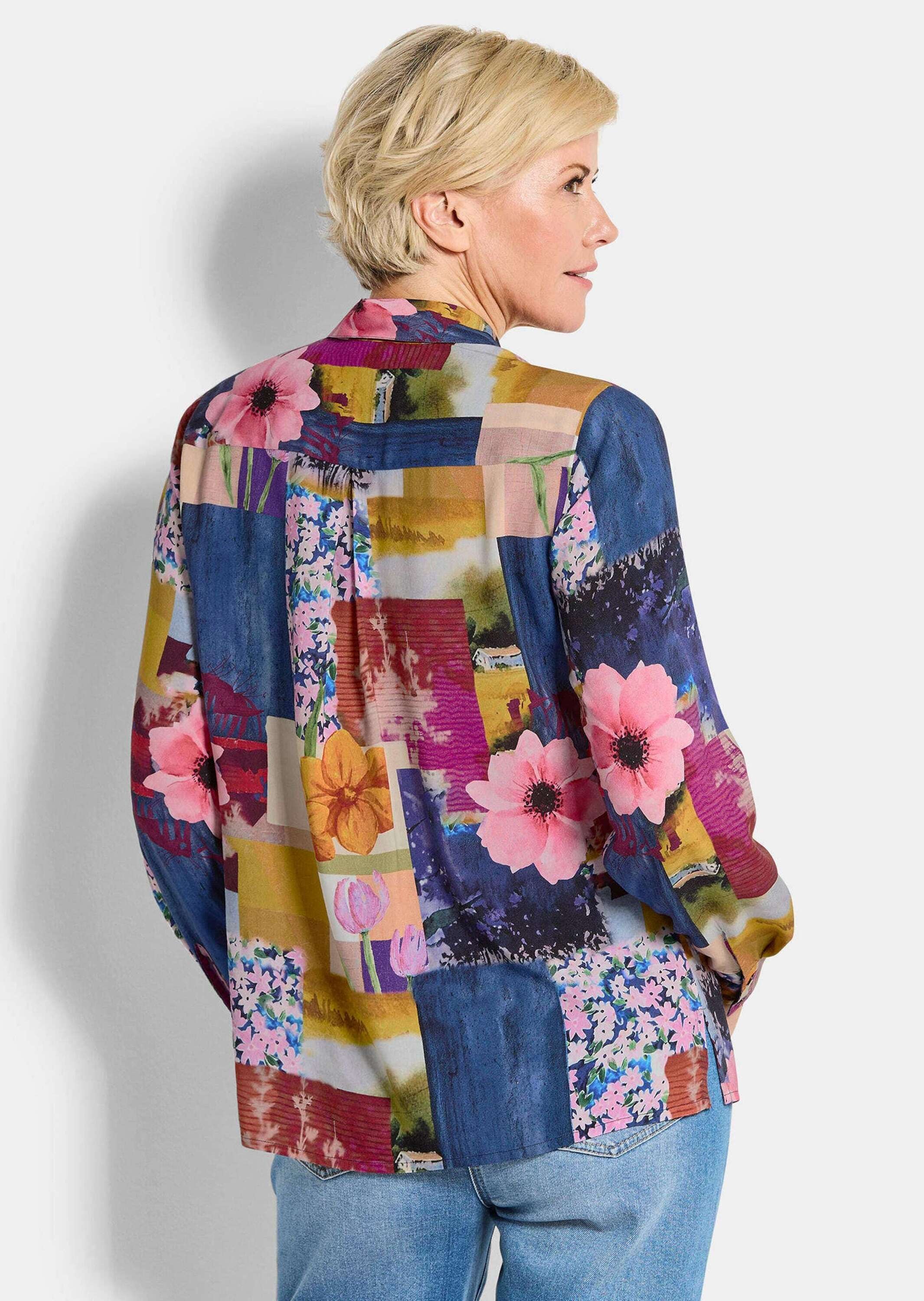 GOLDNER Hemdbluse »Kurzgröße Viskosebluse mit Patchwork-Print« figurschmeichelder Schnitt