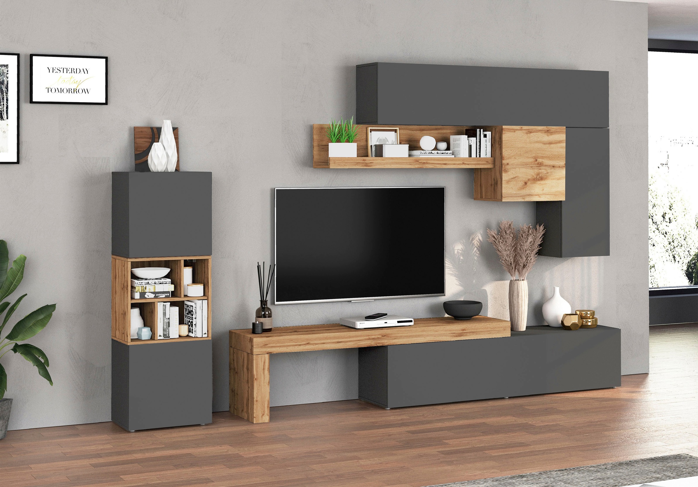 INOSIGN Wohnwand »Chronos Wohnwand, Medienwand, 8-er set«, (Set, 8 St.), ca. 320 cm mit Hängeschränke, Würfel, Regal, Lowboard, Made in Italy