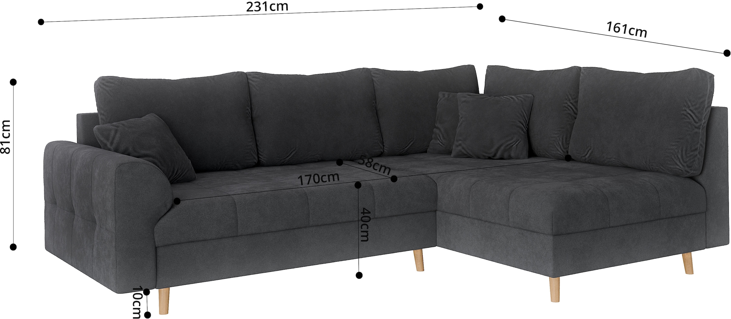 Home affaire Ecksofa »CHARRE L-Form mit Ottomane, Maße B/T/H: 231/161/81 cm«, feine Steppung, lose Rücken- und Zierkissen, auch in Cord und Bouclé