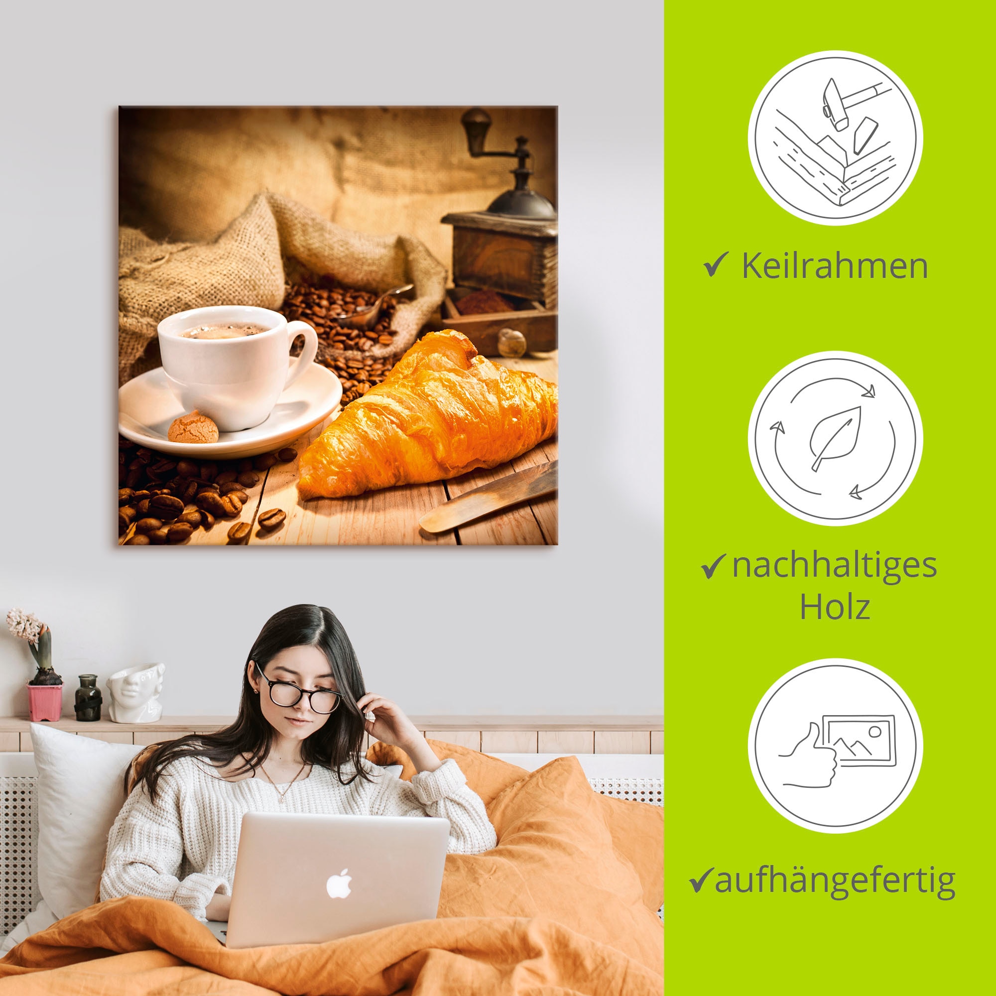 Artland Leinwandbild »Kaffeetasse mit Croissant« Getränke 1 Stk. tlg. auf Holzrahmen gespannt