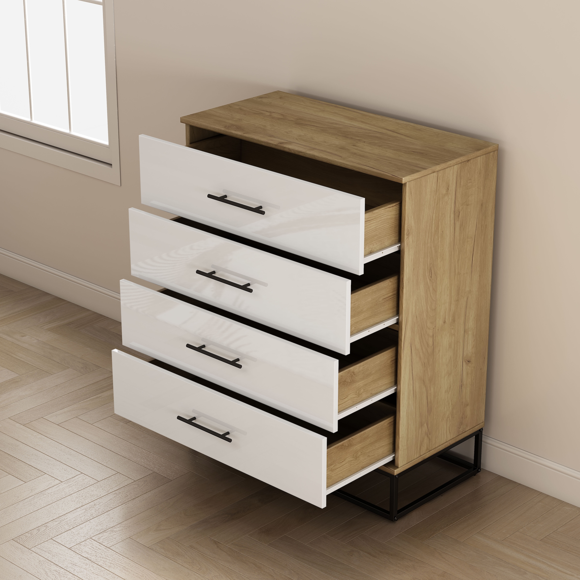 OTTO home Schubkastenkommode »Lucca Sideboard mit schwarzen Griffen 4 Schubladen Kufengestell« Hochwertige Hochglanzfronten in weiß, 